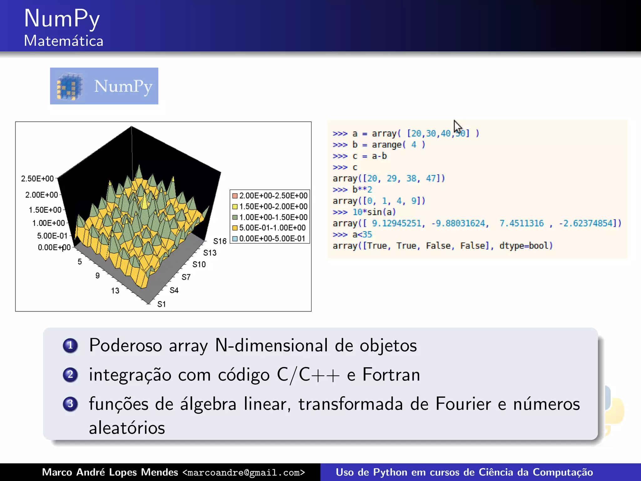 NumPy
Matem´tica
     a




      1   Poderoso array N-dimensional de objetos
      2   integra¸˜o com c´digo C/C++ e Fortran
                 ca       o
      3   fun¸˜es de ´lgebra linear, transformada de Fourier e n´meros
             co      a                                          u
          aleat´rios
               o

  Marco Andr´ Lopes Mendes <marcoandre@gmail.com>
            e                                       Uso de Python em cursos de Ciˆncia da Computa¸˜o
                                                                                 e               ca
 