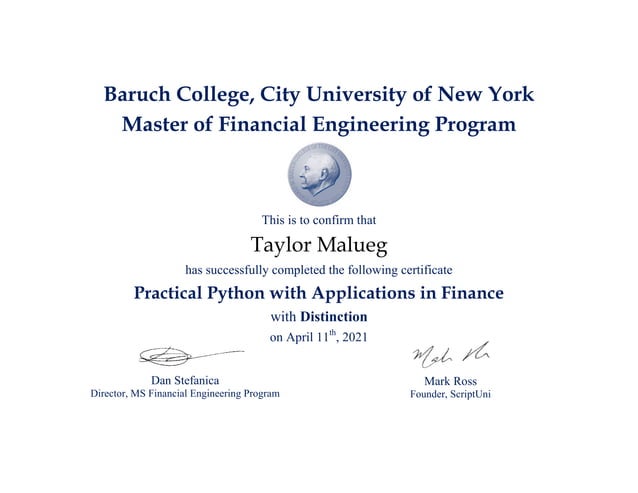Python certificate distinction_taylor_malueg | PPT