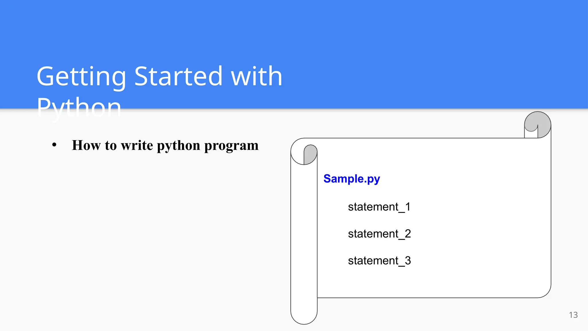Getting Started with
Python
● How to write python program
Sample.py
statement_1
statement_2
statement_3
13
 