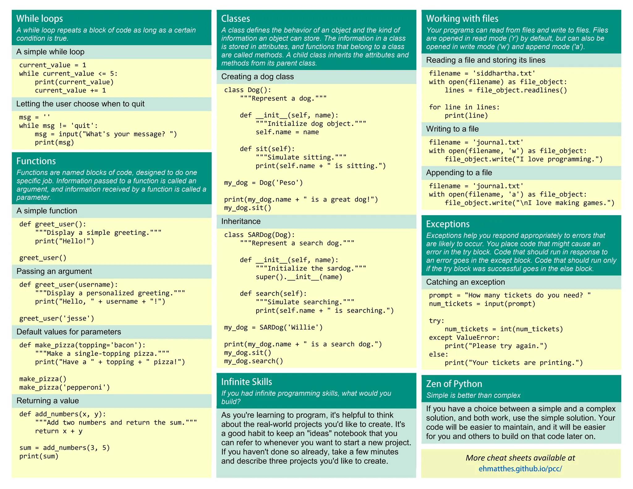 A while loop repeats a block of code as long as a certain condition is true. A simple while loop current_value = 1 while current_value <= 5: print(current_value) current_value += 1 Letting the user choose when to quit msg = '' while msg != 'quit': msg = input("What's your message? ") print(msg) A class defines the behavior of an object and the kind of information an object can store. The information in a class is stored in attributes, and functions that belong to a class are called methods. A child class inherits the attributes and methods from its parent class. Creating a dog class class Dog(): """Represent a dog.""" def __init__(self, name): """Initialize dog object.""" self.name = name def sit(self): """Simulate sitting.""" print(self.name + " is sitting.") my_dog = Dog('Peso') print(my_dog.name + " is a great dog!") my_dog.sit() Inheritance class SARDog(Dog): """Represent a search dog.""" def __init__(self, name): """Initialize the sardog.""" super().__init__(name) def search(self): """Simulate searching.""" print(self.name + " is searching.") my_dog = SARDog('Willie') print(my_dog.name + " is a search dog.") my_dog.sit() my_dog.search() Your programs can read from files and write to files. Files are opened in read mode ('r') by default, but can also be opened in write mode ('w') and append mode ('a'). Reading a file and storing its lines filename = 'siddhartha.txt' with open(filename) as file_object: lines = file_object.readlines() for line in lines: print(line) Writing to a file filename = 'journal.txt' with open(filename, 'w') as file_object: file_object.write("I love programming.") Appending to a file filename = 'journal.txt' with open(filename, 'a') as file_object: file_object.write("nI love making games.") Exceptions help you respond appropriately to errors that are likely to occur. You place code that might cause an error in the try block. Code that should run in response to an error goes in the except block. Code that should run only if the try block was successful goes in the else block. Catching an exception prompt = "How many tickets do you need? " num_tickets = input(prompt) try: num_tickets = int(num_tickets) except ValueError: print("Please try again.") else: print("Your tickets are printing.") Functions are named blocks of code, designed to do one specific job. Information passed to a function is called an argument, and information received by a function is called a parameter. A simple function def greet_user(): """Display a simple greeting.""" print("Hello!") greet_user() Passing an argument def greet_user(username): """Display a personalized greeting.""" print("Hello, " + username + "!") greet_user('jesse') Default values for parameters def make_pizza(topping='bacon'): """Make a single-topping pizza.""" print("Have a " + topping + " pizza!") make_pizza() make_pizza('pepperoni') Returning a value def add_numbers(x, y): """Add two numbers and return the sum.""" return x + y sum = add_numbers(3, 5) print(sum) More cheat sheets available at If you had infinite programming skills, what would you build? As you're learning to program, it's helpful to think about the real-world projects you'd like to create. It's a good habit to keep an "ideas" notebook that you can refer to whenever you want to start a new project. If you haven't done so already, take a few minutes and describe three projects you'd like to create. Simple is better than complex If you have a choice between a simple and a complex solution, and both work, use the simple solution. Your code will be easier to maintain, and it will be easier for you and others to build on that code later on. 