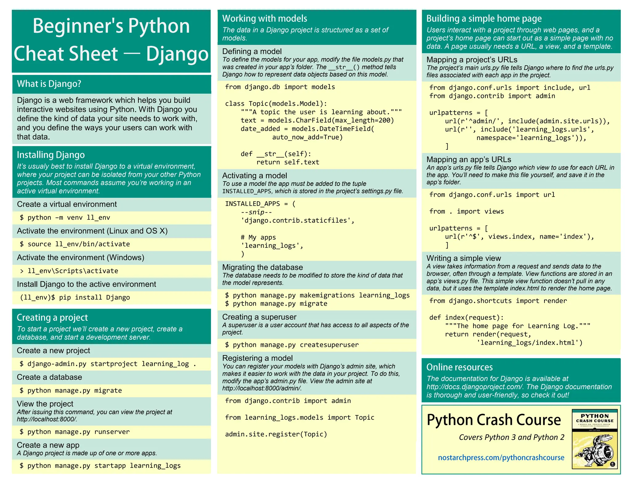 Covers Python 3 and Python 2 Users interact with a project through web pages, and a project’s home page can start out as a simple page with no data. A page usually needs a URL, a view, and a template. Mapping a project’s URLs The project’s main urls.py file tells Django where to find the urls.py files associated with each app in the project. from django.conf.urls import include, url from django.contrib import admin urlpatterns = [ url(r'^admin/', include(admin.site.urls)), url(r'', include('learning_logs.urls', namespace='learning_logs')), ] Mapping an app’s URLs An app’s urls.py file tells Django which view to use for each URL in the app. You’ll need to make this file yourself, and save it in the app’s folder. from django.conf.urls import url from . import views urlpatterns = [ url(r'^$', views.index, name='index'), ] Writing a simple view A view takes information from a request and sends data to the browser, often through a template. View functions are stored in an app’s views.py file. This simple view function doesn’t pull in any data, but it uses the template index.html to render the home page. from django.shortcuts import render def index(request): """The home page for Learning Log.""" return render(request, 'learning_logs/index.html') Django is a web framework which helps you build interactive websites using Python. With Django you define the kind of data your site needs to work with, and you define the ways your users can work with that data. It’s usualy best to install Django to a virtual environment, where your project can be isolated from your other Python projects. Most commands assume you’re working in an active virtual environment. Create a virtual environment $ python –m venv ll_env Activate the environment (Linux and OS X) $ source ll_env/bin/activate Activate the environment (Windows) > ll_envScriptsactivate Install Django to the active environment (ll_env)$ pip install Django The data in a Django project is structured as a set of models. Defining a model To define the models for your app, modify the file models.py that was created in your app’s folder. The __str__() method tells Django how to represent data objects based on this model. from django.db import models class Topic(models.Model): """A topic the user is learning about.""" text = models.CharField(max_length=200) date_added = models.DateTimeField( auto_now_add=True) def __str__(self): return self.text Activating a model To use a model the app must be added to the tuple INSTALLED_APPS, which is stored in the project’s settings.py file. INSTALLED_APPS = ( --snip-- 'django.contrib.staticfiles', # My apps 'learning_logs', ) Migrating the database The database needs to be modified to store the kind of data that the model represents. $ python manage.py makemigrations learning_logs $ python manage.py migrate Creating a superuser A superuser is a user account that has access to all aspects of the project. $ python manage.py createsuperuser Registering a model You can register your models with Django’s admin site, which makes it easier to work with the data in your project. To do this, modify the app’s admin.py file. View the admin site at http://localhost:8000/admin/. from django.contrib import admin from learning_logs.models import Topic admin.site.register(Topic) To start a project we’ll create a new project, create a database, and start a development server. Create a new project $ django-admin.py startproject learning_log . Create a database $ python manage.py migrate View the project After issuing this command, you can view the project at http://localhost:8000/. $ python manage.py runserver Create a new app A Django project is made up of one or more apps. $ python manage.py startapp learning_logs The documentation for Django is available at http://docs.djangoproject.com/. The Django documentation is thorough and user-friendly, so check it out! 