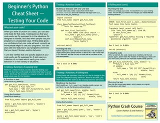 Covers Python 3 and Python 2
Running the test
When you change your code, it’s important to run your existing
tests. This will tell you whether the changes you made affected
existing behavior.
E
================================================
ERROR: test_first_last (__main__.NamesTestCase)
Test names like Janis Joplin.
------------------------------------------------
Traceback (most recent call last):
File "test_full_names.py", line 10,
in test_first_last
'joplin')
TypeError: get_full_name() missing 1 required
positional argument: 'last'
------------------------------------------------
Ran 1 test in 0.001s
FAILED (errors=1)
Fixing the code
When a test fails, the code needs to be modified until the test
passes again. (Don’t make the mistake of rewriting your tests to fit
your new code.) Here we can make the middle name optional.
def get_full_name(first, last, middle=''):
"""Return a full name."""
if middle:
full_name = "{0} {1} {2}".format(first,
middle, last)
else:
full_name = "{0} {1}".format(first,
last)
return full_name.title()
Running the test
Now the test should pass again, which means our original
functionality is still intact.
.
---------------------------------------
Ran 1 test in 0.000s
OK
When you write a function or a class, you can also
write tests for that code. Testing proves that your
code works as it's supposed to in the situations it's
designed to handle, and also when people use your
programs in unexpected ways. Writing tests gives
you confidence that your code will work correctly as
more people begin to use your programs. You can
also add new features to your programs and know
that you haven't broken existing behavior.
A unit test verifies that one specific aspect of your
code works as it's supposed to. A test case is a
collection of unit tests which verify your code's
behavior in a wide variety of situations.
Python's unittest module provides tools for testing your
code. To try it out, we’ll create a function that returns a full
name. We’ll use the function in a regular program, and then
build a test case for the function.
A function to test
Save this as full_names.py
def get_full_name(first, last):
"""Return a full name."""
full_name = "{0} {1}".format(first, last)
return full_name.title()
Using the function
Save this as names.py
from full_names import get_full_name
janis = get_full_name('janis', 'joplin')
print(janis)
bob = get_full_name('bob', 'dylan')
print(bob)
Building a testcase with one unit test
To build a test case, make a class that inherits from
unittest.TestCase and write methods that begin with test_.
Save this as test_full_names.py
import unittest
from full_names import get_full_name
class NamesTestCase(unittest.TestCase):
"""Tests for names.py."""
def test_first_last(self):
"""Test names like Janis Joplin."""
full_name = get_full_name('janis',
'joplin')
self.assertEqual(full_name,
'Janis Joplin')
unittest.main()
Running the test
Python reports on each unit test in the test case. The dot reports a
single passing test. Python informs us that it ran 1 test in less than
0.001 seconds, and the OK lets us know that all unit tests in the
test case passed.
.
---------------------------------------
Ran 1 test in 0.000s
OK
Failing tests are important; they tell you that a change in the
code has affected existing behavior. When a test fails, you
need to modify the code so the existing behavior still works.
Modifying the function
We’ll modify get_full_name() so it handles middle names, but
we’ll do it in a way that breaks existing behavior.
def get_full_name(first, middle, last):
"""Return a full name."""
full_name = "{0} {1} {2}".format(first,
middle, last)
return full_name.title()
Using the function
from full_names import get_full_name
john = get_full_name('john', 'lee', 'hooker')
print(john)
david = get_full_name('david', 'lee', 'roth')
print(david)
 