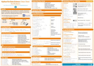 2
PythonForDataScience Cheat Sheet
NumPy Basics
Learn Python for Data Science Interactively at www.DataCamp.com
NumPy
DataCamp
Learn Python for Data Science Interactively
The NumPy library is the core library for scientific computing in
Python. It provides a high-performance multidimensional array
object, and tools for working with these arrays.
>>> import numpy as np
Use the following import convention:
Creating Arrays
>>> np.zeros((3,4)) Create an array of zeros
>>> np.ones((2,3,4),dtype=np.int16) Create an array of ones
>>> d = np.arange(10,25,5) Create an array of evenly
spaced values (step value)
>>> np.linspace(0,2,9) Create an array of evenly
spaced values (number of samples)
>>> e = np.full((2,2),7) Create a constant array
>>> f = np.eye(2) Create a 2X2 identity matrix
>>> np.random.random((2,2)) Create an array with random values
>>> np.empty((3,2)) Create an empty array
Array Mathematics
>>> g = a - b Subtraction
array([[-0.5, 0. , 0. ],
[-3. , -3. , -3. ]])
>>> np.subtract(a,b) Subtraction
>>> b + a Addition
array([[ 2.5, 4. , 6. ],
[ 5. , 7. , 9. ]])
>>> np.add(b,a) Addition
>>> a / b Division
array([[ 0.66666667, 1. , 1. ],
[ 0.25 , 0.4 , 0.5 ]])
>>> np.divide(a,b) Division
>>> a * b Multiplication
array([[ 1.5, 4. , 9. ],
[ 4. , 10. , 18. ]])
>>> np.multiply(a,b) Multiplication
>>> np.exp(b) Exponentiation
>>> np.sqrt(b) Square root
>>> np.sin(a) Print sines of an array
>>> np.cos(b) Element-wise cosine
>>> np.log(a) Element-wise natural logarithm
>>> e.dot(f) Dot product
array([[ 7., 7.],
[ 7., 7.]])
Subsetting, Slicing, Indexing
>>> a.sum() Array-wise sum
>>> a.min() Array-wise minimum value
>>> b.max(axis=0) Maximum value of an array row
>>> b.cumsum(axis=1) Cumulative sum of the elements
>>> a.mean() Mean
>>> b.median() Median
>>> a.corrcoef() Correlation coefficient
>>> np.std(b) Standard deviation
Comparison
>>> a == b Element-wise comparison
array([[False, True, True],
[False, False, False]], dtype=bool)
>>> a < 2 Element-wise comparison
array([True, False, False], dtype=bool)
>>> np.array_equal(a, b) Array-wise comparison
1 2 3
1D array 2D array 3D array
1.5 2 3
4 5 6
Array Manipulation
NumPy Arrays
axis 0
axis 1
axis 0
axis 1
axis 2
Arithmetic Operations
Transposing Array
>>> i = np.transpose(b) Permute array dimensions
>>> i.T Permute array dimensions
Changing Array Shape
>>> b.ravel() Flatten the array
>>> g.reshape(3,-2) Reshape, but don’t change data
Adding/Removing Elements
>>> h.resize((2,6)) Return a new array with shape (2,6)
>>> np.append(h,g) Append items to an array
>>> np.insert(a, 1, 5) Insert items in an array
>>> np.delete(a,[1]) Delete items from an array
Combining Arrays
>>> np.concatenate((a,d),axis=0) Concatenate arrays
array([ 1, 2, 3, 10, 15, 20])
>>> np.vstack((a,b)) Stack arrays vertically (row-wise)
array([[ 1. , 2. , 3. ],
[ 1.5, 2. , 3. ],
[ 4. , 5. , 6. ]])
>>> np.r_[e,f] Stack arrays vertically (row-wise)
>>> np.hstack((e,f)) Stack arrays horizontally (column-wise)
array([[ 7., 7., 1., 0.],
[ 7., 7., 0., 1.]])
>>> np.column_stack((a,d)) Create stacked column-wise arrays
array([[ 1, 10],
[ 2, 15],
[ 3, 20]])
>>> np.c_[a,d] Create stacked column-wise arrays
Splitting Arrays
>>> np.hsplit(a,3) Split the array horizontally at the 3rd
[array([1]),array([2]),array([3])] index
>>> np.vsplit(c,2) Split the array vertically at the 2nd index
[array([[[ 1.5, 2. , 1. ],
[ 4. , 5. , 6. ]]]),
array([[[ 3., 2., 3.],
[ 4., 5., 6.]]])]
Also see Lists
Subsetting
>>> a[2] Select the element at the 2nd index
3
>>> b[1,2] Select the element at row 1 column 2
6.0 (equivalent to b[1][2])
Slicing
>>> a[0:2] Select items at index 0 and 1
array([1, 2])
>>> b[0:2,1] Select items at rows 0 and 1 in column 1
array([ 2., 5.])
>>> b[:1] Select all items at row 0
array([[1.5, 2., 3.]]) (equivalent to b[0:1, :])
>>> c[1,...] Same as [1,:,:]
array([[[ 3., 2., 1.],
[ 4., 5., 6.]]])
>>> a[ : :-1] Reversed array a
array([3, 2, 1])
Boolean Indexing
>>> a[a<2] Select elements from a less than 2
array([1])
Fancy Indexing
>>> b[[1, 0, 1, 0],[0, 1, 2, 0]] Select elements (1,0),(0,1),(1,2)and (0,0)
array([ 4. , 2. , 6. , 1.5])
>>> b[[1, 0, 1, 0]][:,[0,1,2,0]] Select a subset of the matrix’s rows
array([[ 4. ,5. , 6. , 4. ], and columns
[ 1.5, 2. , 3. , 1.5],
[ 4. , 5. , 6. , 4. ],
[ 1.5, 2. , 3. , 1.5]])
>>> a = np.array([1,2,3])
>>> b = np.array([(1.5,2,3), (4,5,6)], dtype = float)
>>> c = np.array([[(1.5,2,3), (4,5,6)], [(3,2,1), (4,5,6)]],
dtype = float)
Initial Placeholders
Aggregate Functions
>>> np.loadtxt("myfile.txt")
>>> np.genfromtxt("my_file.csv", delimiter=',')
>>> np.savetxt("myarray.txt", a, delimiter=" ")
I/O
1 2 3
1.5 2 3
4 5 6
Copying Arrays
>>> h = a.view() Create a view of the array with the same data
>>> np.copy(a) Create a copy of the array
>>> h = a.copy() Create a deep copy of the array
Saving & Loading Text Files
Saving & Loading On Disk
>>> np.save('my_array', a)
>>> np.savez('array.npz', a, b)
>>> np.load('my_array.npy')
>>> a.shape Array dimensions
>>> len(a) Length of array
>>> b.ndim Number of array dimensions
>>> e.size Number of array elements
>>> b.dtype Data type of array elements
>>> b.dtype.name Name of data type
>>> b.astype(int) Convert an array to a different type
Inspecting Your Array
>>> np.info(np.ndarray.dtype)
Asking For Help
Sorting Arrays
>>> a.sort() Sort an array
>>> c.sort(axis=0) Sort the elements of an array's axis
Data Types
>>> np.int64 Signed 64-bit integer types
>>> np.float32 Standard double-precision floating point
>>> np.complex Complex numbers represented by 128 floats
>>> np.bool Boolean type storing TRUE and FALSE values
>>> np.object Python object type
>>> np.string_ Fixed-length string type
>>> np.unicode_ Fixed-length unicode type
1 2 3
1.5 2 3
4 5 6
1.5 2 3
4 5 6
1 2 3
 