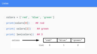 Listas
colors = ['red', 'blue', 'green']
print(colors[0]) ## red
print( colors[2]) ## green
print( len(colors)) ## 3
 