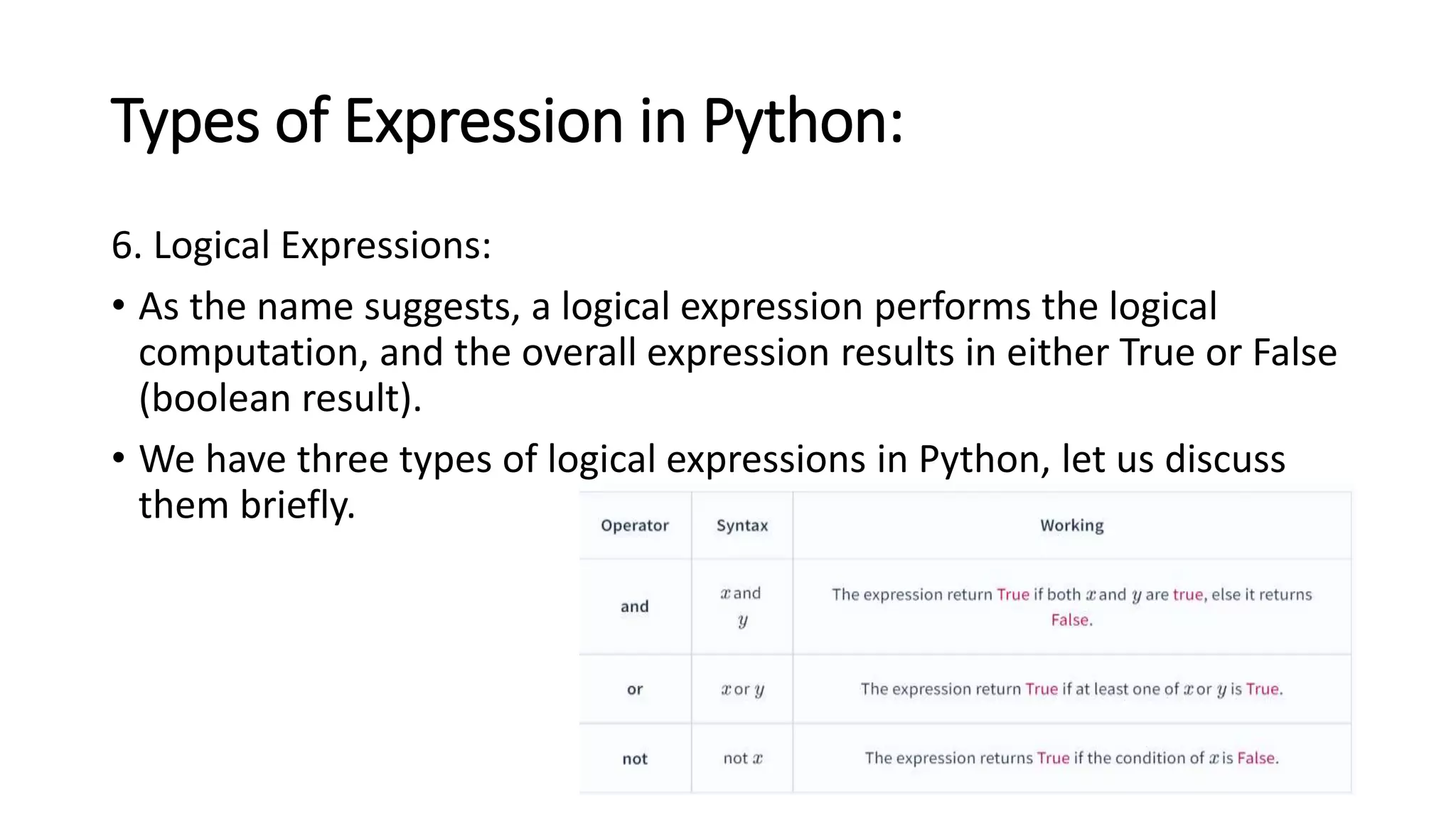 Types of Expression in Python:
6. Logical Expressions:
• As the name suggests, a logical expression performs the logical
computation, and the overall expression results in either True or False
(boolean result).
• We have three types of logical expressions in Python, let us discuss
them briefly.
 