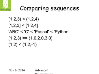 Comparing sequences 
(1,2,3) < (1,2,4) 
[1,2,3] < [1,2,4] 
'ABC' < 'C' < 'Pascal' < 'Python' 
(1,2,3) == (1.0,2.0,3.0) 
(1,2) < (1,2,-1) 
Nov 6, 2014 Advanced 
Programming 
 