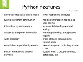 Python features 
Lutz, Programming Python 
universal "first-class" object model fewer restrictions and rules 
run-time program construction handles unforeseen needs, end-user 
coding 
interactive, dynamic nature incremental development and 
testing 
access to interpreter information metaprogramming, introspective 
objects 
wide portability cross-platform programming 
without ports 
compilation to portable byte-code execution speed, protecting source 
code 
built-in interfaces to external 
services 
system tools, GUIs, persistence, 
databases, etc. 
 