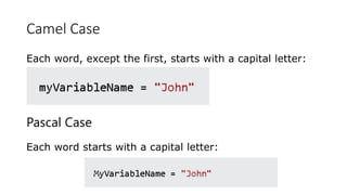 Camel Case
Each word, except the first, starts with a capital letter:
Pascal Case
Each word starts with a capital letter:
 