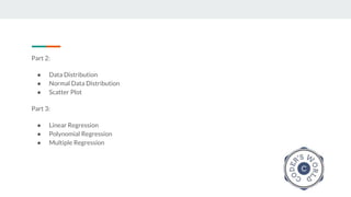 Part 2:
● Data Distribution
● Normal Data Distribution
● Scatter Plot
Part 3:
● Linear Regression
● Polynomial Regression
● Multiple Regression
 