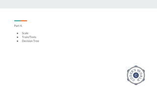 Part 4:
● Scale
● Train/Tests
● Decision Tree
 