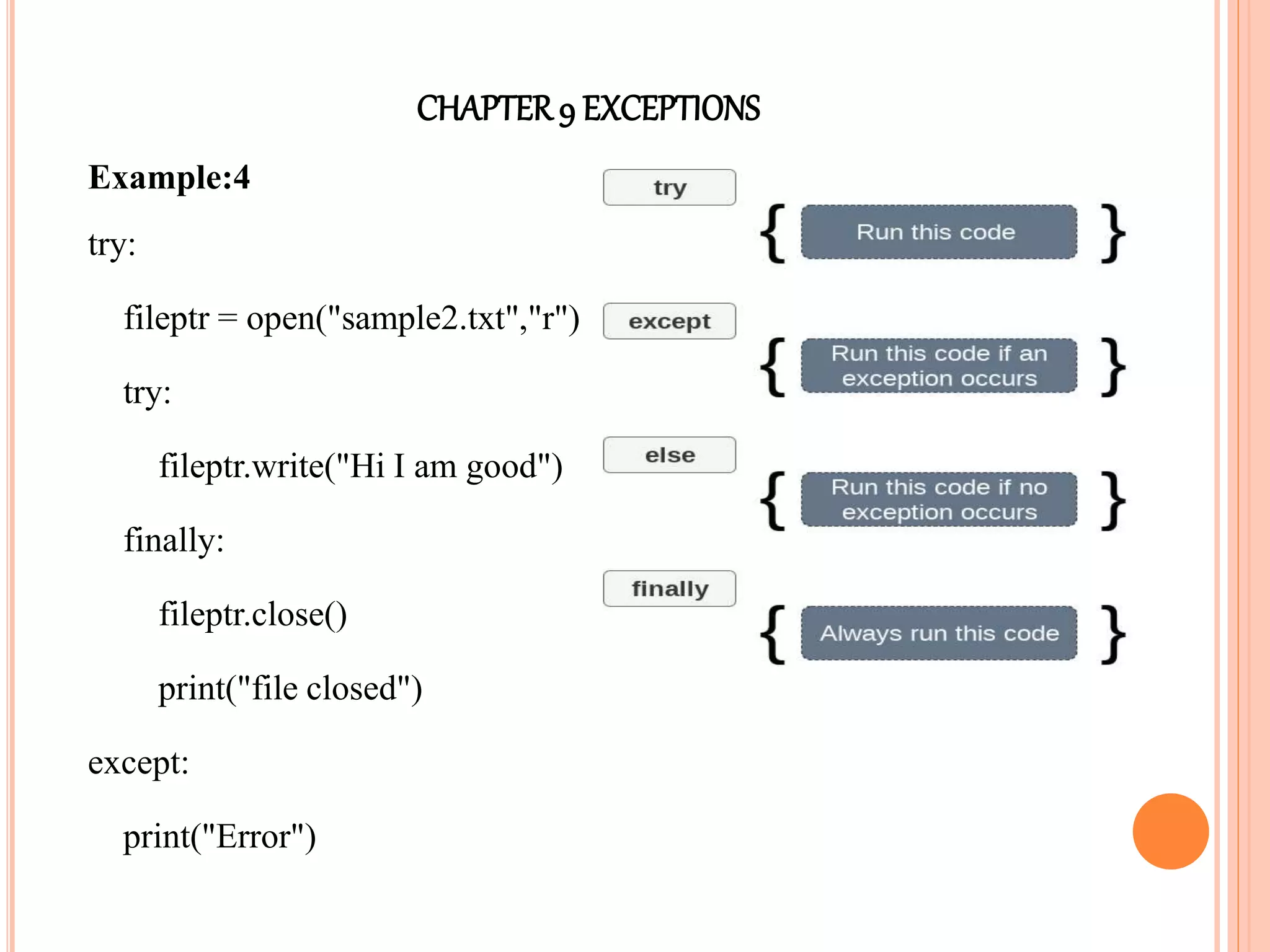CHAPTER9 EXCEPTIONS
Example:4
try:
fileptr = open("sample2.txt","r")
try:
fileptr.write("Hi I am good")
finally:
fileptr.close()
print("file closed")
except:
print("Error")
 