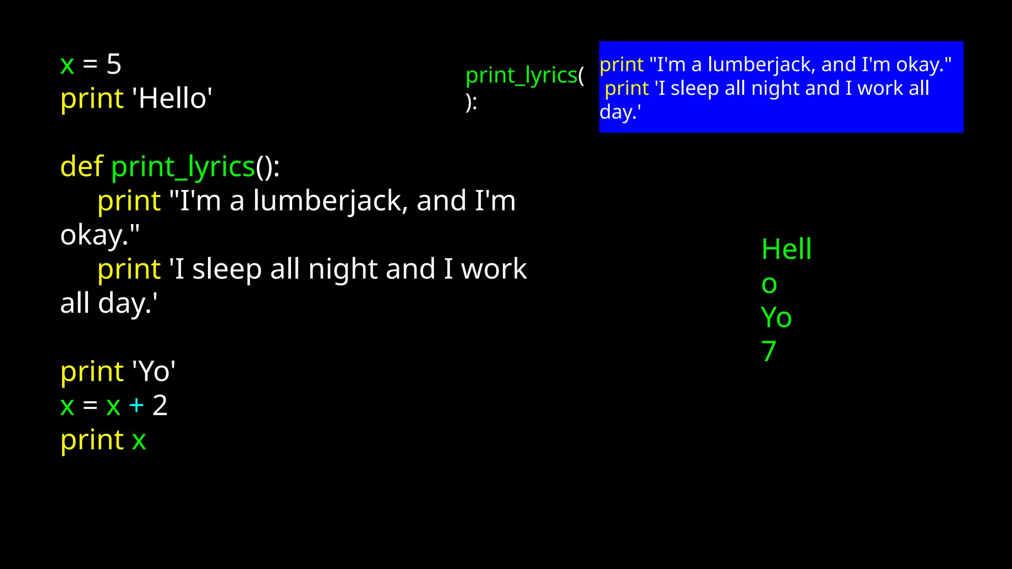 x = 5
print 'Hello'
def print_lyrics():
print "I'm a lumberjack, and I'm
okay."
print 'I sleep all night and I work
all day.'
print 'Yo'
x = x + 2
print x
Hell
o
Yo
7
print "I'm a lumberjack, and I'm okay."
print 'I sleep all night and I work all
day.'
print_lyrics(
):
 