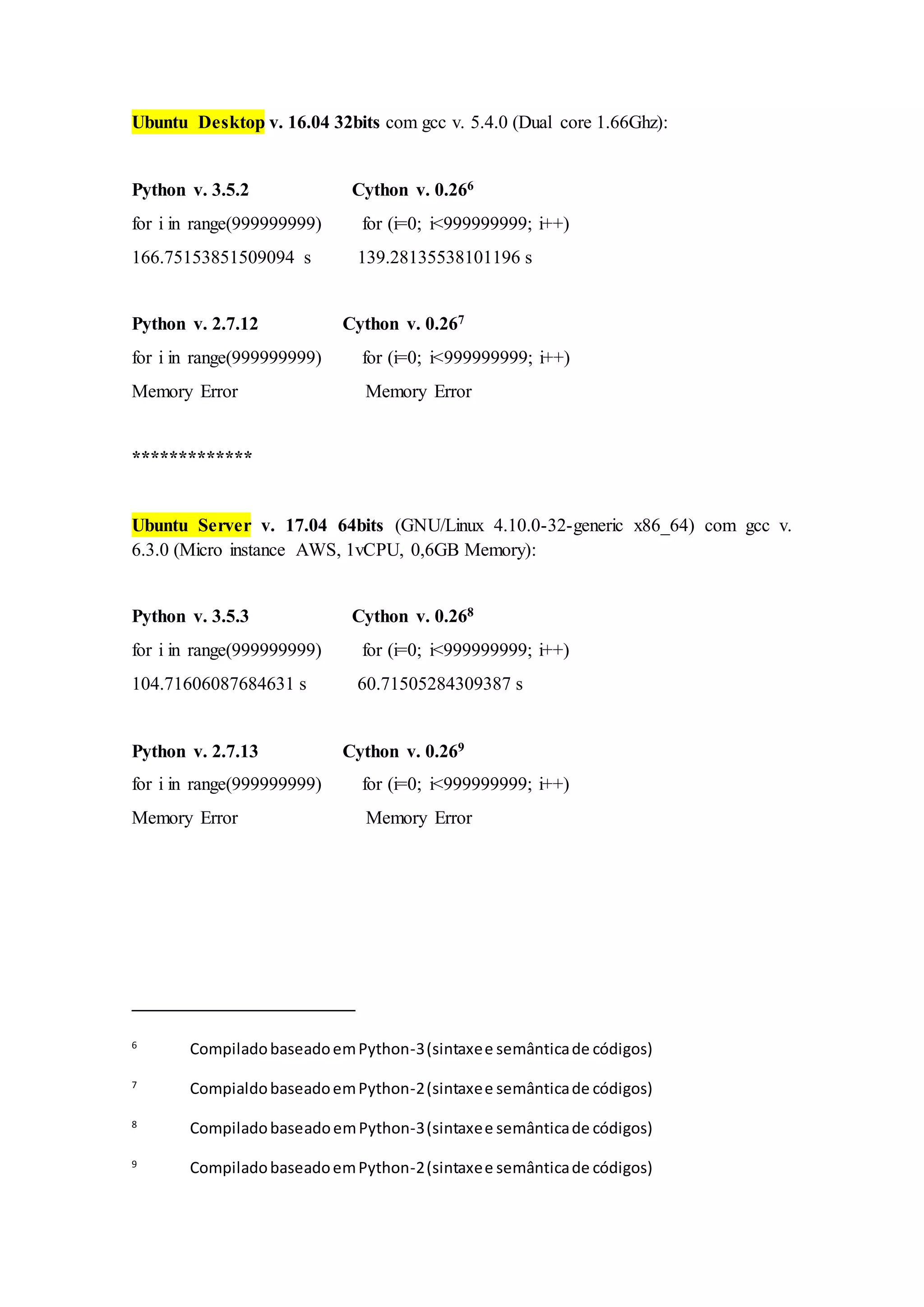 Ubuntu Desktop v. 16.04 32bits com gcc v. 5.4.0 (Dual core 1.66Ghz): Python v. 3.5.2 Cython v. 0.266 for i in range(999999999) for (i=0; i<999999999; i++) 166.75153851509094 s 139.28135538101196 s Python v. 2.7.12 Cython v. 0.267 for i in range(999999999) for (i=0; i<999999999; i++) Memory Error Memory Error ************* Ubuntu Server v. 17.04 64bits (GNU/Linux 4.10.0-32-generic x86_64) com gcc v. 6.3.0 (Micro instance AWS, 1vCPU, 0,6GB Memory): Python v. 3.5.3 Cython v. 0.268 for i in range(999999999) for (i=0; i<999999999; i++) 104.71606087684631 s 60.71505284309387 s Python v. 2.7.13 Cython v. 0.269 for i in range(999999999) for (i=0; i<999999999; i++) Memory Error Memory Error 6 CompiladobaseadoemPython-3(sintaxee semânticade códigos) 7 CompialdobaseadoemPython-2(sintaxee semânticade códigos) 8 CompiladobaseadoemPython-3(sintaxee semânticade códigos) 9 CompiladobaseadoemPython-2(sintaxee semânticade códigos) 