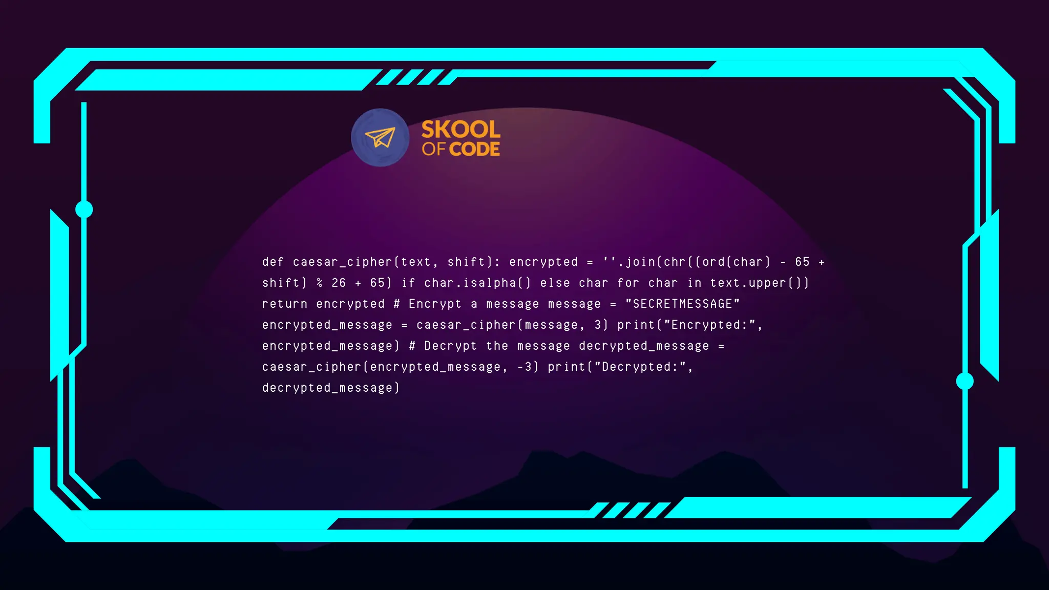 def caesar_cipher(text, shift): encrypted = ''.join(chr((ord(char) - 65 +
shift) % 26 + 65) if char.isalpha() else char for char in text.upper())
return encrypted # Encrypt a message message = "SECRETMESSAGE"
encrypted_message = caesar_cipher(message, 3) print("Encrypted:",
encrypted_message) # Decrypt the message decrypted_message =
caesar_cipher(encrypted_message, -3) print("Decrypted:",
decrypted_message)
 