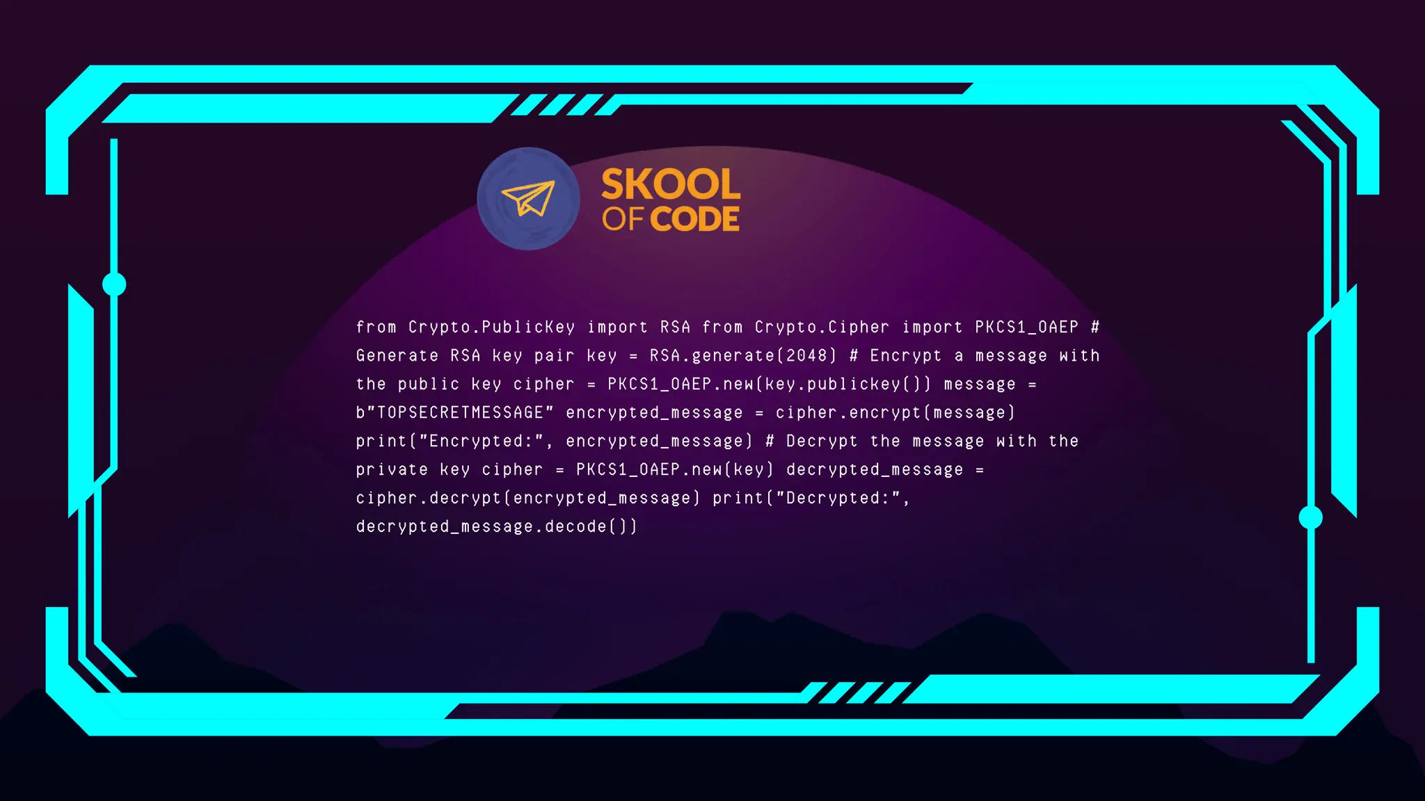 from Crypto.PublicKey import RSA from Crypto.Cipher import PKCS1_OAEP #
Generate RSA key pair key = RSA.generate(2048) # Encrypt a message with
the public key cipher = PKCS1_OAEP.new(key.publickey()) message =
b"TOPSECRETMESSAGE" encrypted_message = cipher.encrypt(message)
print("Encrypted:", encrypted_message) # Decrypt the message with the
private key cipher = PKCS1_OAEP.new(key) decrypted_message =
cipher.decrypt(encrypted_message) print("Decrypted:",
decrypted_message.decode())
 