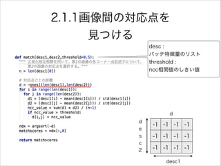 desc :
パッチ特徴量のリスト
threshold :
ncc相関値のしきい値
-1 -1 -1 -1
-1 -1 -1 -1
-1 -1 -1 -1
d
d
e
s
c
2
desc1
2.1.1画像間の対応点を
見つける
 