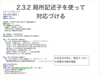 2.3.2 局所記述子を使って
対応づける
その正方行列に、相互マッチし
た特徴点の数を格納
 