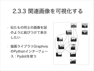 2.3.3 関連画像を可視化する
• 似たもの同士の画像を図
のように結びつけて表示
したい
• 描画ライブラリGraphvis
のPythonインターフェー
ス：Pydotを使う
 