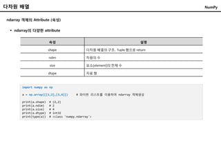 다차원 배열
ndarray 객체의 Attribute (속성)
 ndarray의 다양한 attribute
속성 설명
shape 다차원 배열의 구조. Tuple 형으로 return
ndim 차원의 수
size 요소(element)의 전체 수
dtype 자료 형
import numpy as np
a = np.array([[1,2],[3,4]]) # 파이썬 리스트를 이용하여 ndarray 객체생성
print(a.shape) # (2,2)
print(a.ndim) # 2
print(a.size) # 4
print(a.dtype) # int32
print(type(a)) # <class 'numpy.ndarray'>
NumPy
 