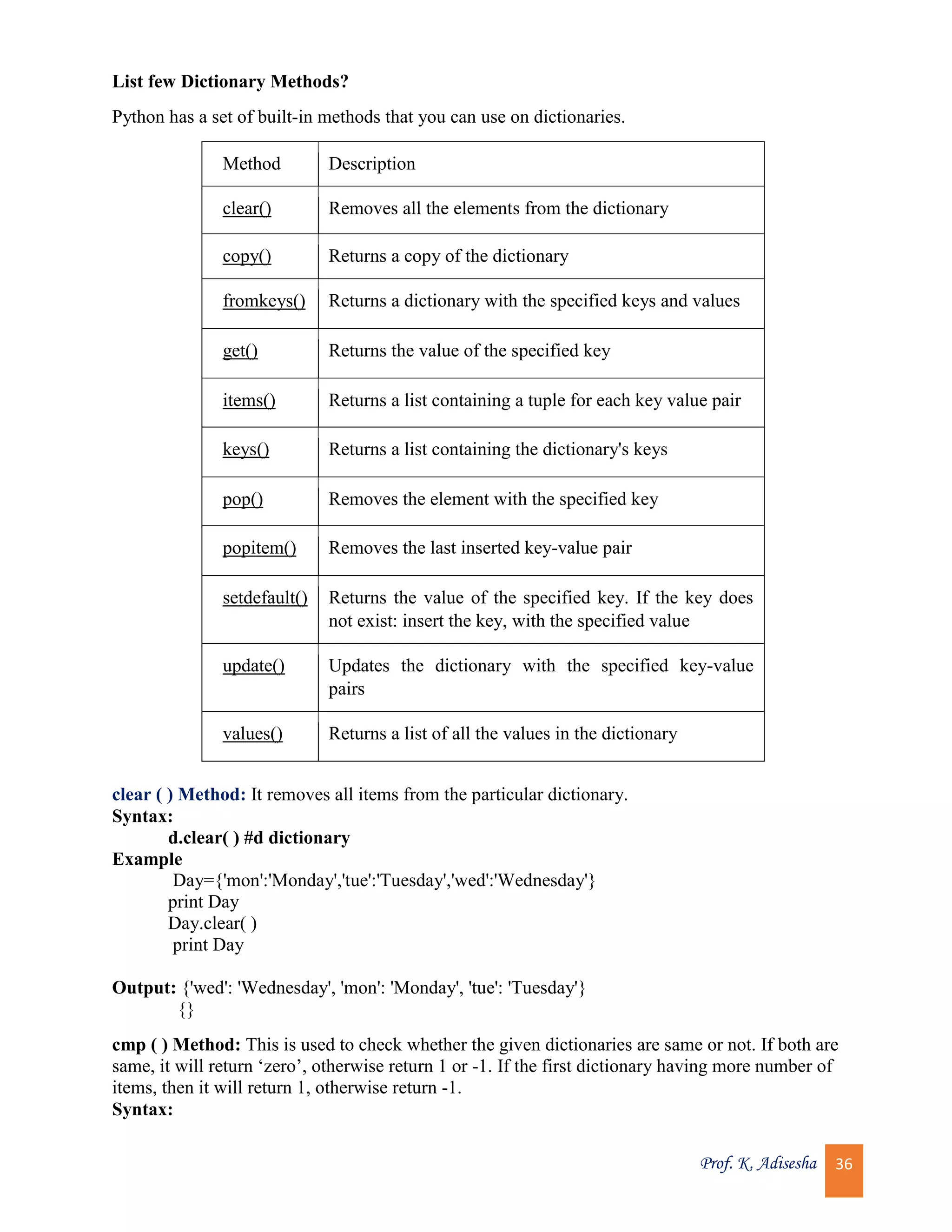 Prof. K. Adisesha 36 List few Dictionary Methods? Python has a set of built-in methods that you can use on dictionaries. Method Description clear() Removes all the elements from the dictionary copy() Returns a copy of the dictionary fromkeys() Returns a dictionary with the specified keys and values get() Returns the value of the specified key items() Returns a list containing a tuple for each key value pair keys() Returns a list containing the dictionary's keys pop() Removes the element with the specified key popitem() Removes the last inserted key-value pair setdefault() Returns the value of the specified key. If the key does not exist: insert the key, with the specified value update() Updates the dictionary with the specified key-value pairs values() Returns a list of all the values in the dictionary clear ( ) Method: It removes all items from the particular dictionary. Syntax: d.clear( ) #d dictionary Example Day={'mon':'Monday','tue':'Tuesday','wed':'Wednesday'} print Day Day.clear( ) print Day Output: {'wed': 'Wednesday', 'mon': 'Monday', 'tue': 'Tuesday'} {} cmp ( ) Method: This is used to check whether the given dictionaries are same or not. If both are same, it will return ‘zero’, otherwise return 1 or -1. If the first dictionary having more number of items, then it will return 1, otherwise return -1. Syntax: 