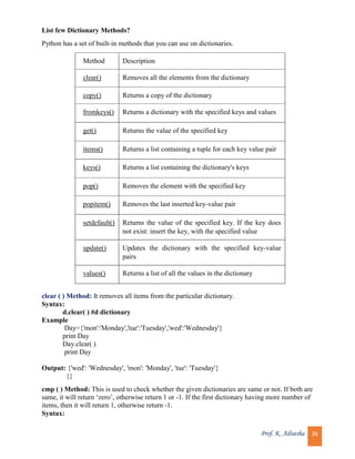 Prof. K. Adisesha 36
List few Dictionary Methods?
Python has a set of built-in methods that you can use on dictionaries.
Method Description
clear() Removes all the elements from the dictionary
copy() Returns a copy of the dictionary
fromkeys() Returns a dictionary with the specified keys and values
get() Returns the value of the specified key
items() Returns a list containing a tuple for each key value pair
keys() Returns a list containing the dictionary's keys
pop() Removes the element with the specified key
popitem() Removes the last inserted key-value pair
setdefault() Returns the value of the specified key. If the key does
not exist: insert the key, with the specified value
update() Updates the dictionary with the specified key-value
pairs
values() Returns a list of all the values in the dictionary
clear ( ) Method: It removes all items from the particular dictionary.
Syntax:
d.clear( ) #d dictionary
Example
Day={'mon':'Monday','tue':'Tuesday','wed':'Wednesday'}
print Day
Day.clear( )
print Day
Output: {'wed': 'Wednesday', 'mon': 'Monday', 'tue': 'Tuesday'}
{}
cmp ( ) Method: This is used to check whether the given dictionaries are same or not. If both are
same, it will return ‘zero’, otherwise return 1 or -1. If the first dictionary having more number of
items, then it will return 1, otherwise return -1.
Syntax:
 