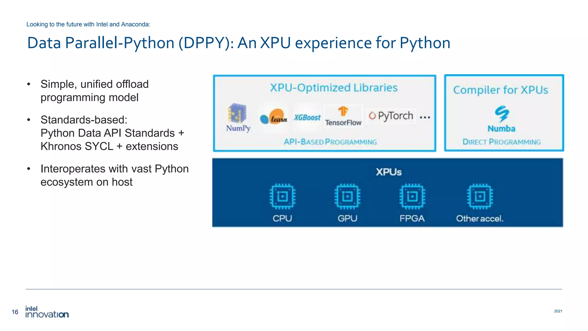 16 2021 Data Parallel-Python (DPPY): An XPU experience for Python • Simple, unified offload programming model • Standards-based: Python Data API Standards + Khronos SYCL + extensions • Interoperates with vast Python ecosystem on host Looking to the future with Intel and Anaconda: 
