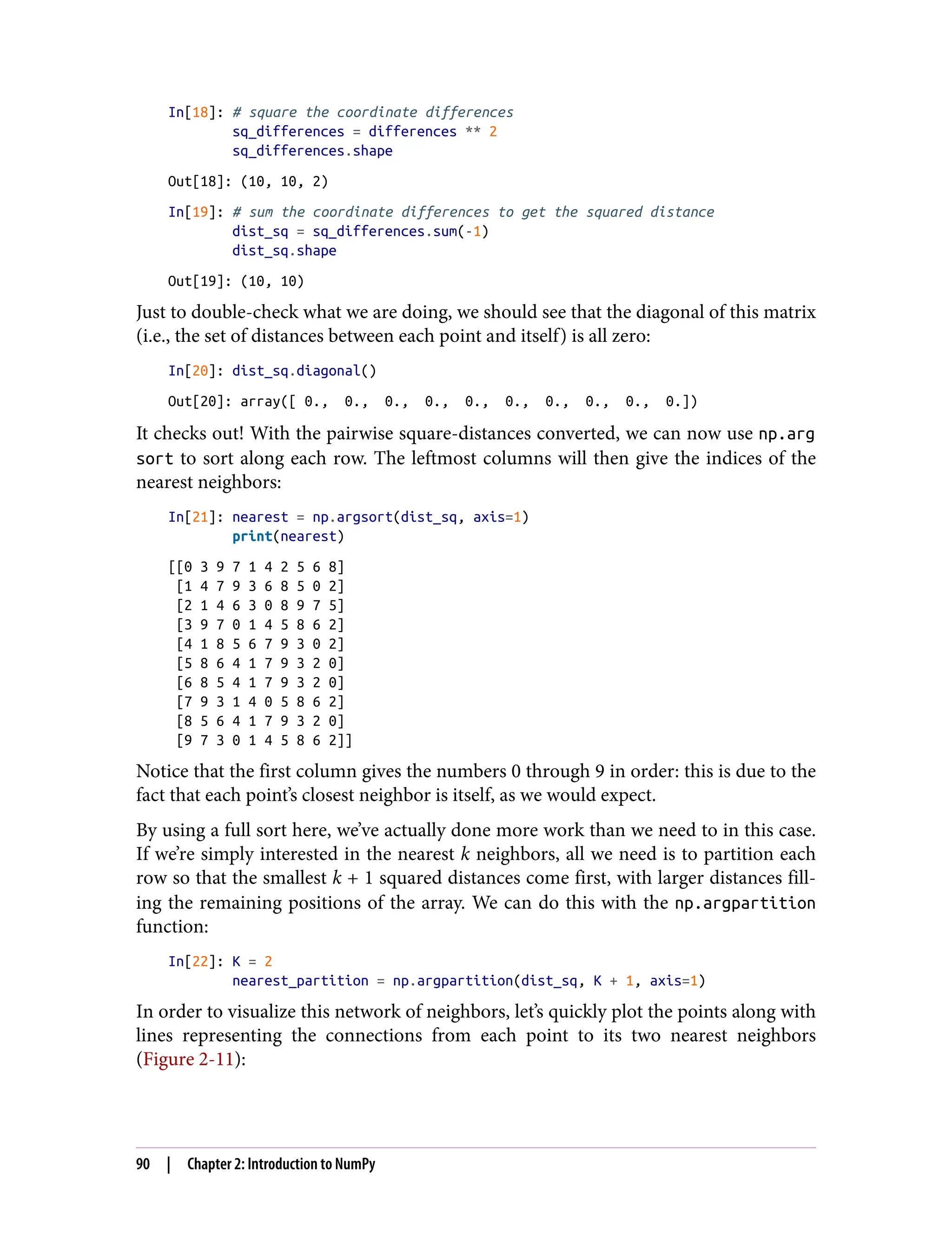 In[18]: # square the coordinate differences
sq_differences = differences ** 2
sq_differences.shape
Out[18]: (10, 10, 2)
In[19]: # sum the coordinate differences to get the squared distance
dist_sq = sq_differences.sum(-1)
dist_sq.shape
Out[19]: (10, 10)
Just to double-check what we are doing, we should see that the diagonal of this matrix
(i.e., the set of distances between each point and itself) is all zero:
In[20]: dist_sq.diagonal()
Out[20]: array([ 0., 0., 0., 0., 0., 0., 0., 0., 0., 0.])
It checks out! With the pairwise square-distances converted, we can now use np.arg
sort to sort along each row. The leftmost columns will then give the indices of the
nearest neighbors:
In[21]: nearest = np.argsort(dist_sq, axis=1)
print(nearest)
[[0 3 9 7 1 4 2 5 6 8]
[1 4 7 9 3 6 8 5 0 2]
[2 1 4 6 3 0 8 9 7 5]
[3 9 7 0 1 4 5 8 6 2]
[4 1 8 5 6 7 9 3 0 2]
[5 8 6 4 1 7 9 3 2 0]
[6 8 5 4 1 7 9 3 2 0]
[7 9 3 1 4 0 5 8 6 2]
[8 5 6 4 1 7 9 3 2 0]
[9 7 3 0 1 4 5 8 6 2]]
Notice that the first column gives the numbers 0 through 9 in order: this is due to the
fact that each point’s closest neighbor is itself, as we would expect.
By using a full sort here, we’ve actually done more work than we need to in this case.
If we’re simply interested in the nearest k neighbors, all we need is to partition each
row so that the smallest k + 1 squared distances come first, with larger distances fill‐
ing the remaining positions of the array. We can do this with the np.argpartition
function:
In[22]: K = 2
nearest_partition = np.argpartition(dist_sq, K + 1, axis=1)
In order to visualize this network of neighbors, let’s quickly plot the points along with
lines representing the connections from each point to its two nearest neighbors
(Figure 2-11):
90 | Chapter 2: Introduction to NumPy
 
