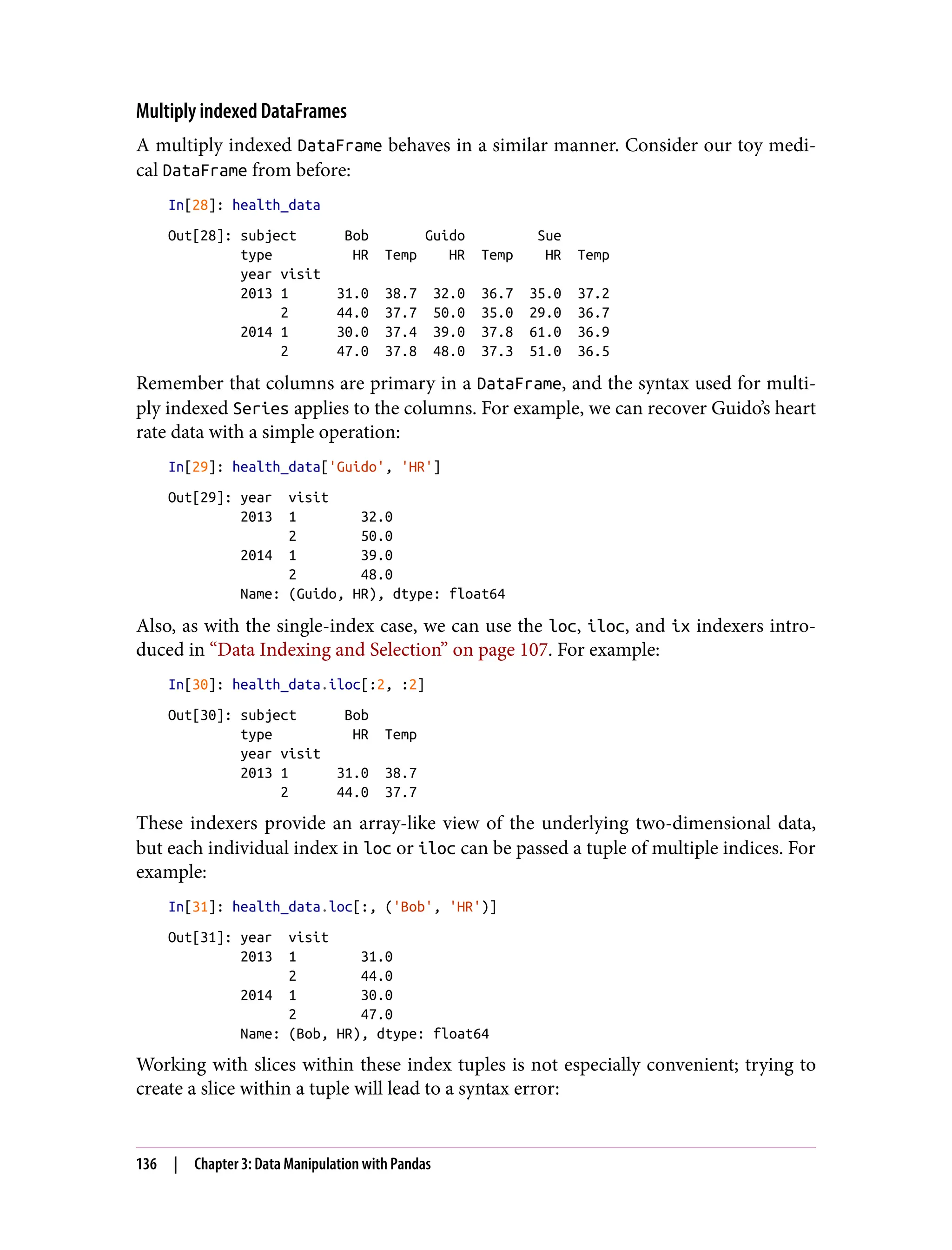 Multiply indexed DataFrames
A multiply indexed DataFrame behaves in a similar manner. Consider our toy medi‐
cal DataFrame from before:
In[28]: health_data
Out[28]: subject Bob Guido Sue
type HR Temp HR Temp HR Temp
year visit
2013 1 31.0 38.7 32.0 36.7 35.0 37.2
2 44.0 37.7 50.0 35.0 29.0 36.7
2014 1 30.0 37.4 39.0 37.8 61.0 36.9
2 47.0 37.8 48.0 37.3 51.0 36.5
Remember that columns are primary in a DataFrame, and the syntax used for multi‐
ply indexed Series applies to the columns. For example, we can recover Guido’s heart
rate data with a simple operation:
In[29]: health_data['Guido', 'HR']
Out[29]: year visit
2013 1 32.0
2 50.0
2014 1 39.0
2 48.0
Name: (Guido, HR), dtype: float64
Also, as with the single-index case, we can use the loc, iloc, and ix indexers intro‐
duced in “Data Indexing and Selection” on page 107. For example:
In[30]: health_data.iloc[:2, :2]
Out[30]: subject Bob
type HR Temp
year visit
2013 1 31.0 38.7
2 44.0 37.7
These indexers provide an array-like view of the underlying two-dimensional data,
but each individual index in loc or iloc can be passed a tuple of multiple indices. For
example:
In[31]: health_data.loc[:, ('Bob', 'HR')]
Out[31]: year visit
2013 1 31.0
2 44.0
2014 1 30.0
2 47.0
Name: (Bob, HR), dtype: float64
Working with slices within these index tuples is not especially convenient; trying to
create a slice within a tuple will lead to a syntax error:
136 | Chapter 3: Data Manipulation with Pandas
 