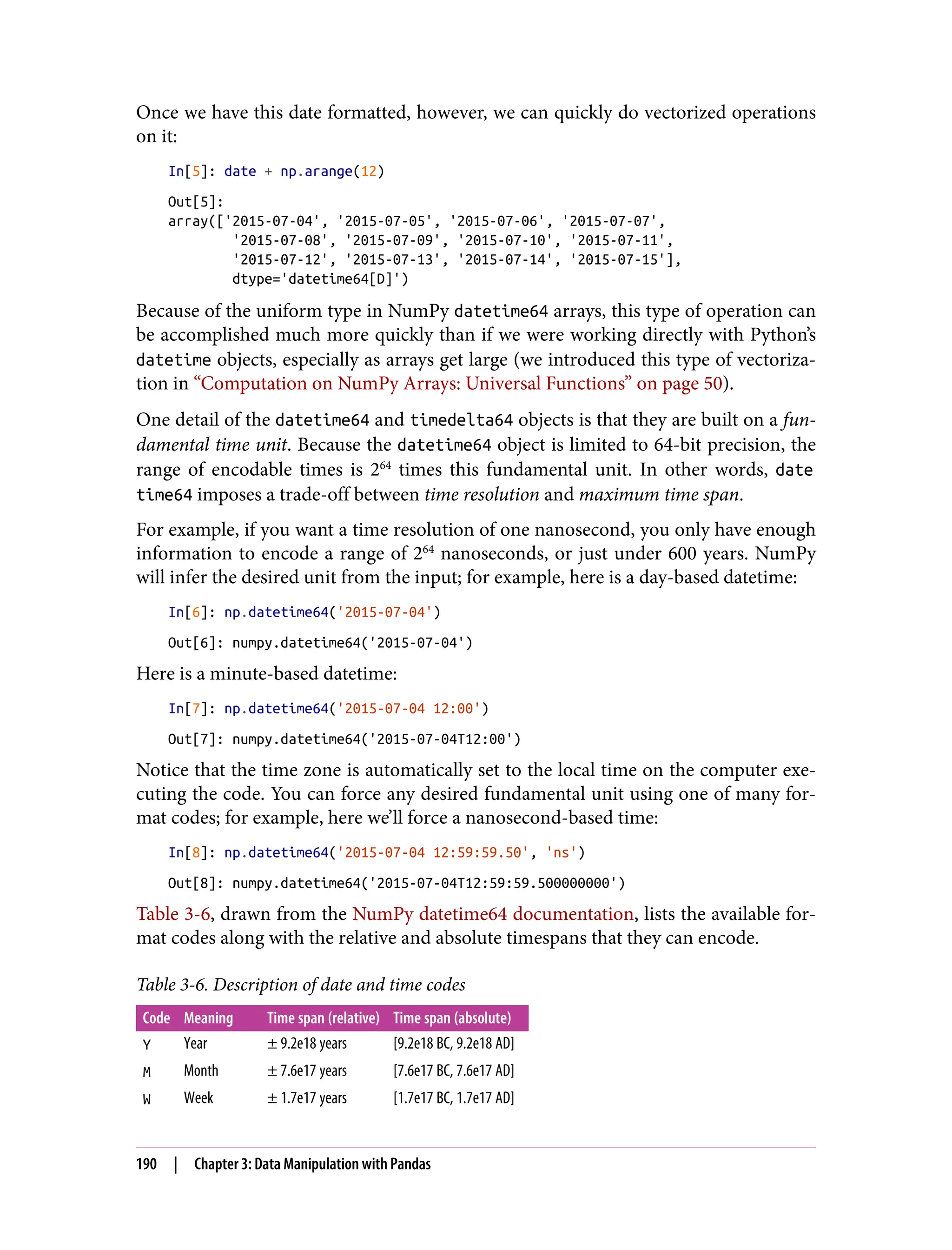 Once we have this date formatted, however, we can quickly do vectorized operations
on it:
In[5]: date + np.arange(12)
Out[5]:
array(['2015-07-04', '2015-07-05', '2015-07-06', '2015-07-07',
'2015-07-08', '2015-07-09', '2015-07-10', '2015-07-11',
'2015-07-12', '2015-07-13', '2015-07-14', '2015-07-15'],
dtype='datetime64[D]')
Because of the uniform type in NumPy datetime64 arrays, this type of operation can
be accomplished much more quickly than if we were working directly with Python’s
datetime objects, especially as arrays get large (we introduced this type of vectoriza‐
tion in “Computation on NumPy Arrays: Universal Functions” on page 50).
One detail of the datetime64 and timedelta64 objects is that they are built on a fun‐
damental time unit. Because the datetime64 object is limited to 64-bit precision, the
range of encodable times is 264
times this fundamental unit. In other words, date
time64 imposes a trade-off between time resolution and maximum time span.
For example, if you want a time resolution of one nanosecond, you only have enough
information to encode a range of 264
nanoseconds, or just under 600 years. NumPy
will infer the desired unit from the input; for example, here is a day-based datetime:
In[6]: np.datetime64('2015-07-04')
Out[6]: numpy.datetime64('2015-07-04')
Here is a minute-based datetime:
In[7]: np.datetime64('2015-07-04 12:00')
Out[7]: numpy.datetime64('2015-07-04T12:00')
Notice that the time zone is automatically set to the local time on the computer exe‐
cuting the code. You can force any desired fundamental unit using one of many for‐
mat codes; for example, here we’ll force a nanosecond-based time:
In[8]: np.datetime64('2015-07-04 12:59:59.50', 'ns')
Out[8]: numpy.datetime64('2015-07-04T12:59:59.500000000')
Table 3-6, drawn from the NumPy datetime64 documentation, lists the available for‐
mat codes along with the relative and absolute timespans that they can encode.
Table 3-6. Description of date and time codes
Code Meaning Time span (relative) Time span (absolute)
Y Year ± 9.2e18 years [9.2e18 BC, 9.2e18 AD]
M Month ± 7.6e17 years [7.6e17 BC, 7.6e17 AD]
W Week ± 1.7e17 years [1.7e17 BC, 1.7e17 AD]
190 | Chapter 3: Data Manipulation with Pandas
 