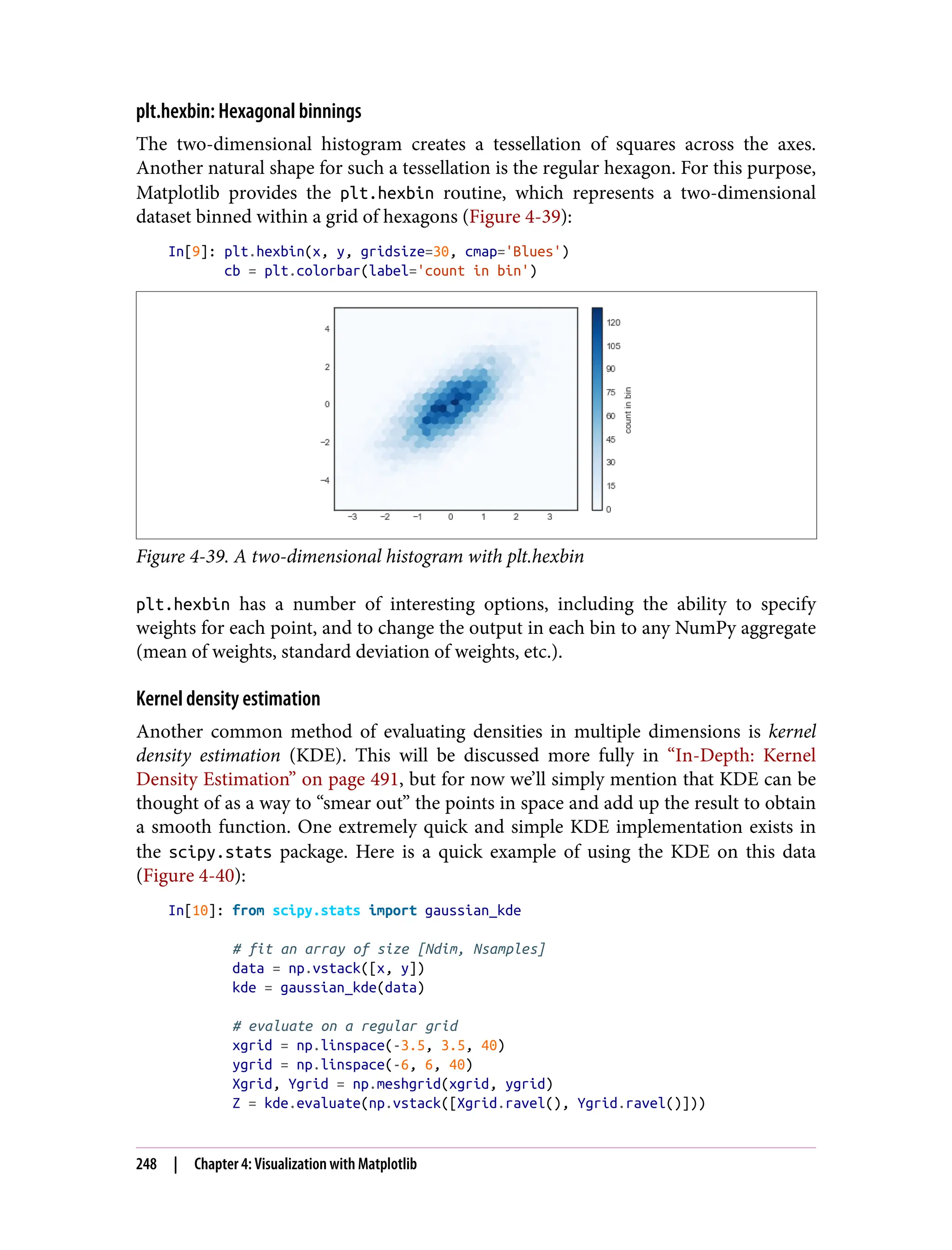 plt.hexbin: Hexagonal binnings
The two-dimensional histogram creates a tessellation of squares across the axes.
Another natural shape for such a tessellation is the regular hexagon. For this purpose,
Matplotlib provides the plt.hexbin routine, which represents a two-dimensional
dataset binned within a grid of hexagons (Figure 4-39):
In[9]: plt.hexbin(x, y, gridsize=30, cmap='Blues')
cb = plt.colorbar(label='count in bin')
Figure 4-39. A two-dimensional histogram with plt.hexbin
plt.hexbin has a number of interesting options, including the ability to specify
weights for each point, and to change the output in each bin to any NumPy aggregate
(mean of weights, standard deviation of weights, etc.).
Kernel density estimation
Another common method of evaluating densities in multiple dimensions is kernel
density estimation (KDE). This will be discussed more fully in “In-Depth: Kernel
Density Estimation” on page 491, but for now we’ll simply mention that KDE can be
thought of as a way to “smear out” the points in space and add up the result to obtain
a smooth function. One extremely quick and simple KDE implementation exists in
the scipy.stats package. Here is a quick example of using the KDE on this data
(Figure 4-40):
In[10]: from scipy.stats import gaussian_kde
# fit an array of size [Ndim, Nsamples]
data = np.vstack([x, y])
kde = gaussian_kde(data)
# evaluate on a regular grid
xgrid = np.linspace(-3.5, 3.5, 40)
ygrid = np.linspace(-6, 6, 40)
Xgrid, Ygrid = np.meshgrid(xgrid, ygrid)
Z = kde.evaluate(np.vstack([Xgrid.ravel(), Ygrid.ravel()]))
248 | Chapter 4: Visualization with Matplotlib
 