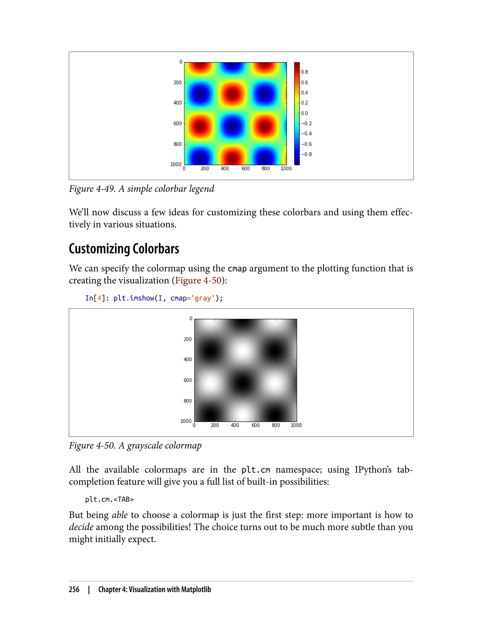 Figure 4-49. A simple colorbar legend
We’ll now discuss a few ideas for customizing these colorbars and using them effec‐
tively in various situations.
Customizing Colorbars
We can specify the colormap using the cmap argument to the plotting function that is
creating the visualization (Figure 4-50):
In[4]: plt.imshow(I, cmap='gray');
Figure 4-50. A grayscale colormap
All the available colormaps are in the plt.cm namespace; using IPython’s tab-
completion feature will give you a full list of built-in possibilities:
plt.cm.<TAB>
But being able to choose a colormap is just the first step: more important is how to
decide among the possibilities! The choice turns out to be much more subtle than you
might initially expect.
256 | Chapter 4: Visualization with Matplotlib
 