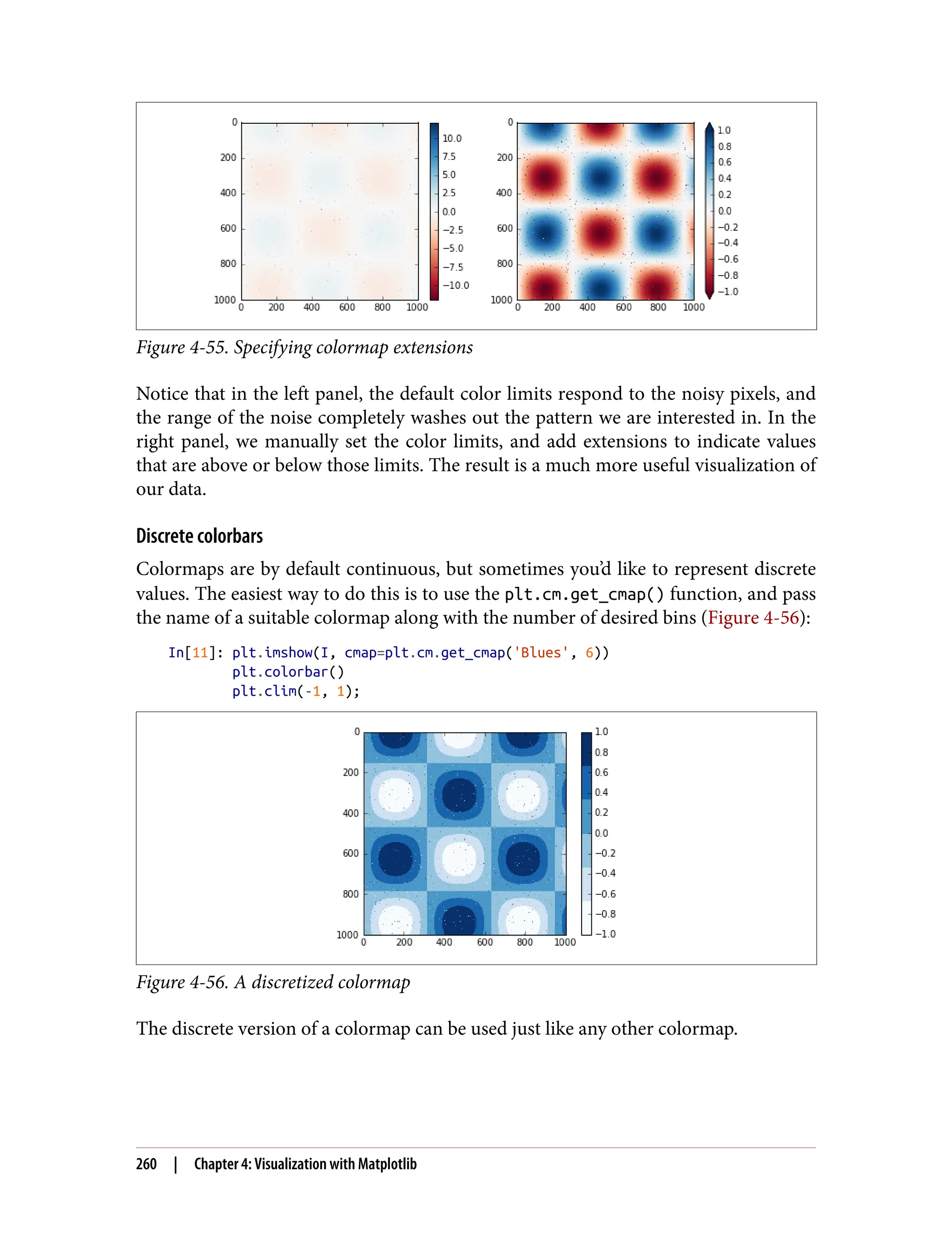 Figure 4-55. Specifying colormap extensions
Notice that in the left panel, the default color limits respond to the noisy pixels, and
the range of the noise completely washes out the pattern we are interested in. In the
right panel, we manually set the color limits, and add extensions to indicate values
that are above or below those limits. The result is a much more useful visualization of
our data.
Discrete colorbars
Colormaps are by default continuous, but sometimes you’d like to represent discrete
values. The easiest way to do this is to use the plt.cm.get_cmap() function, and pass
the name of a suitable colormap along with the number of desired bins (Figure 4-56):
In[11]: plt.imshow(I, cmap=plt.cm.get_cmap('Blues', 6))
plt.colorbar()
plt.clim(-1, 1);
Figure 4-56. A discretized colormap
The discrete version of a colormap can be used just like any other colormap.
260 | Chapter 4: Visualization with Matplotlib
 