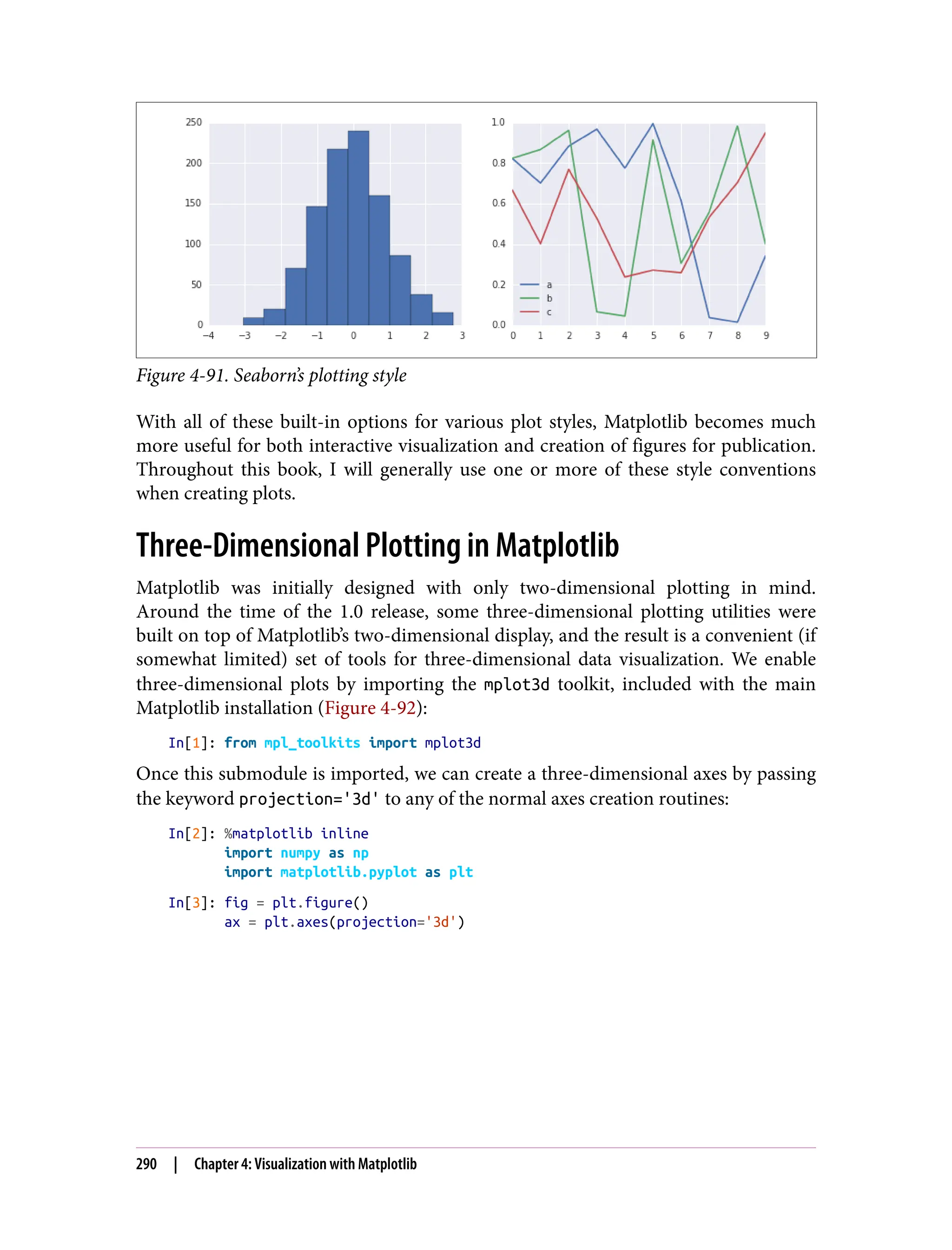 Figure 4-91. Seaborn’s plotting style
With all of these built-in options for various plot styles, Matplotlib becomes much
more useful for both interactive visualization and creation of figures for publication.
Throughout this book, I will generally use one or more of these style conventions
when creating plots.
Three-Dimensional Plotting in Matplotlib
Matplotlib was initially designed with only two-dimensional plotting in mind.
Around the time of the 1.0 release, some three-dimensional plotting utilities were
built on top of Matplotlib’s two-dimensional display, and the result is a convenient (if
somewhat limited) set of tools for three-dimensional data visualization. We enable
three-dimensional plots by importing the mplot3d toolkit, included with the main
Matplotlib installation (Figure 4-92):
In[1]: from mpl_toolkits import mplot3d
Once this submodule is imported, we can create a three-dimensional axes by passing
the keyword projection='3d' to any of the normal axes creation routines:
In[2]: %matplotlib inline
import numpy as np
import matplotlib.pyplot as plt
In[3]: fig = plt.figure()
ax = plt.axes(projection='3d')
290 | Chapter 4: Visualization with Matplotlib
 