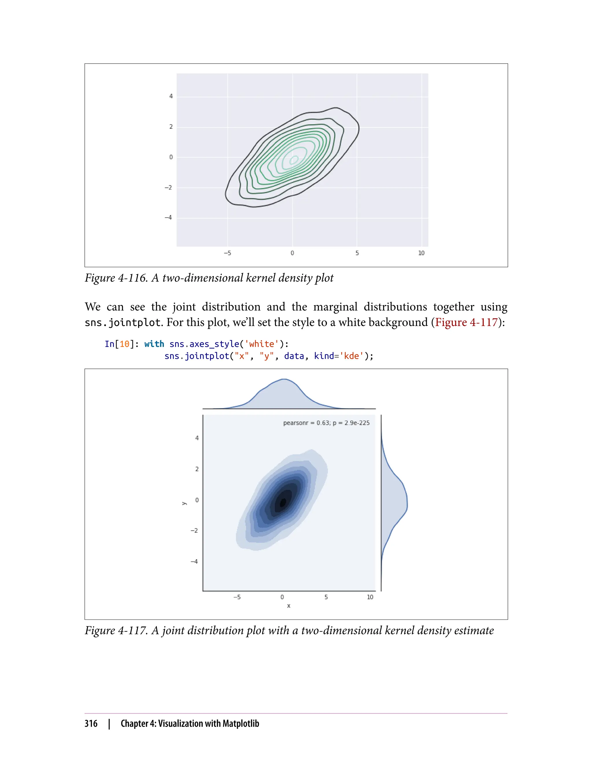 Figure 4-116. A two-dimensional kernel density plot
We can see the joint distribution and the marginal distributions together using
sns.jointplot. For this plot, we’ll set the style to a white background (Figure 4-117):
In[10]: with sns.axes_style('white'):
sns.jointplot("x", "y", data, kind='kde');
Figure 4-117. A joint distribution plot with a two-dimensional kernel density estimate
316 | Chapter 4: Visualization with Matplotlib
 