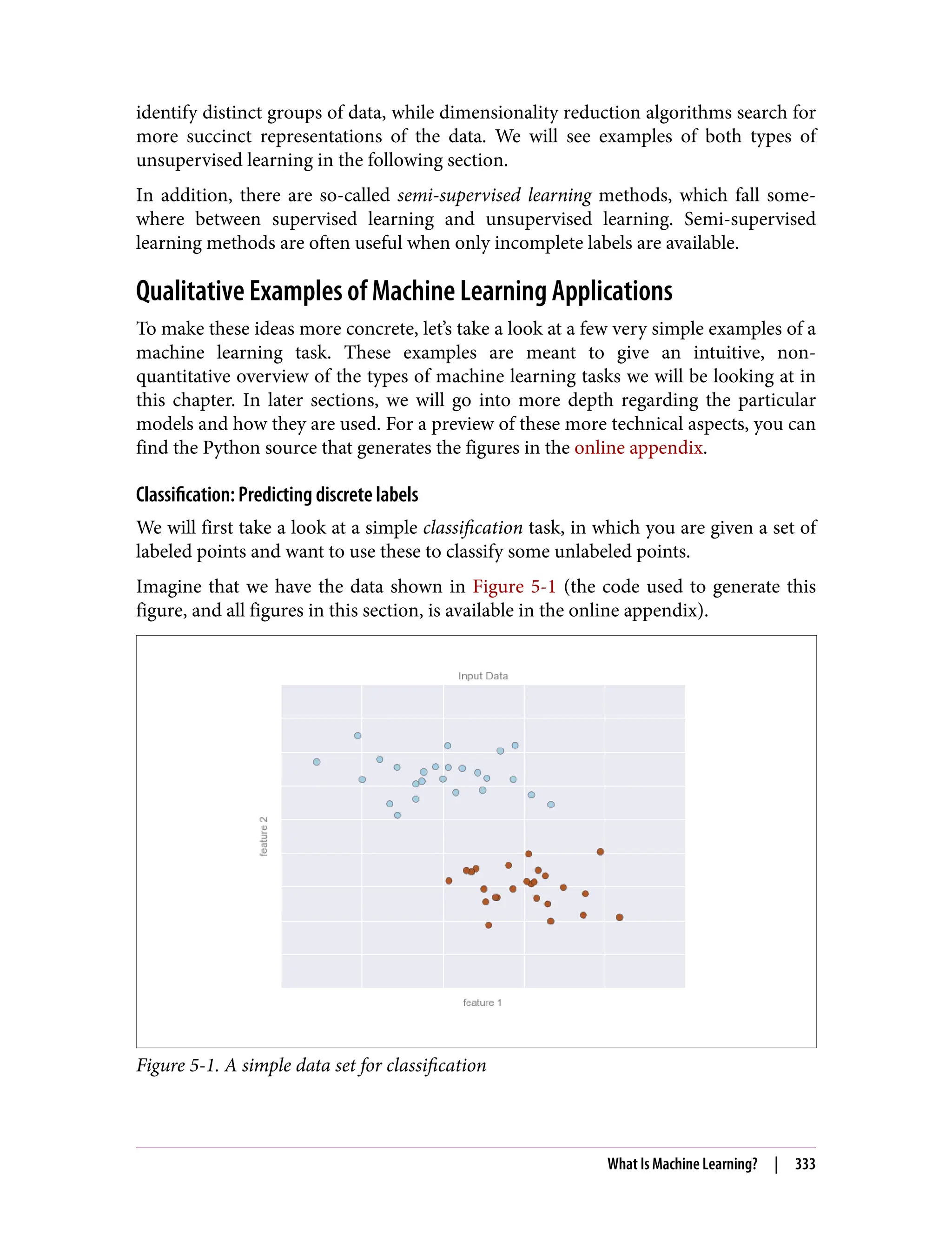 identify distinct groups of data, while dimensionality reduction algorithms search for
more succinct representations of the data. We will see examples of both types of
unsupervised learning in the following section.
In addition, there are so-called semi-supervised learning methods, which fall some‐
where between supervised learning and unsupervised learning. Semi-supervised
learning methods are often useful when only incomplete labels are available.
Qualitative Examples of Machine Learning Applications
To make these ideas more concrete, let’s take a look at a few very simple examples of a
machine learning task. These examples are meant to give an intuitive, non-
quantitative overview of the types of machine learning tasks we will be looking at in
this chapter. In later sections, we will go into more depth regarding the particular
models and how they are used. For a preview of these more technical aspects, you can
find the Python source that generates the figures in the online appendix.
Classification: Predicting discrete labels
We will first take a look at a simple classification task, in which you are given a set of
labeled points and want to use these to classify some unlabeled points.
Imagine that we have the data shown in Figure 5-1 (the code used to generate this
figure, and all figures in this section, is available in the online appendix).
Figure 5-1. A simple data set for classification
What Is Machine Learning? | 333
 