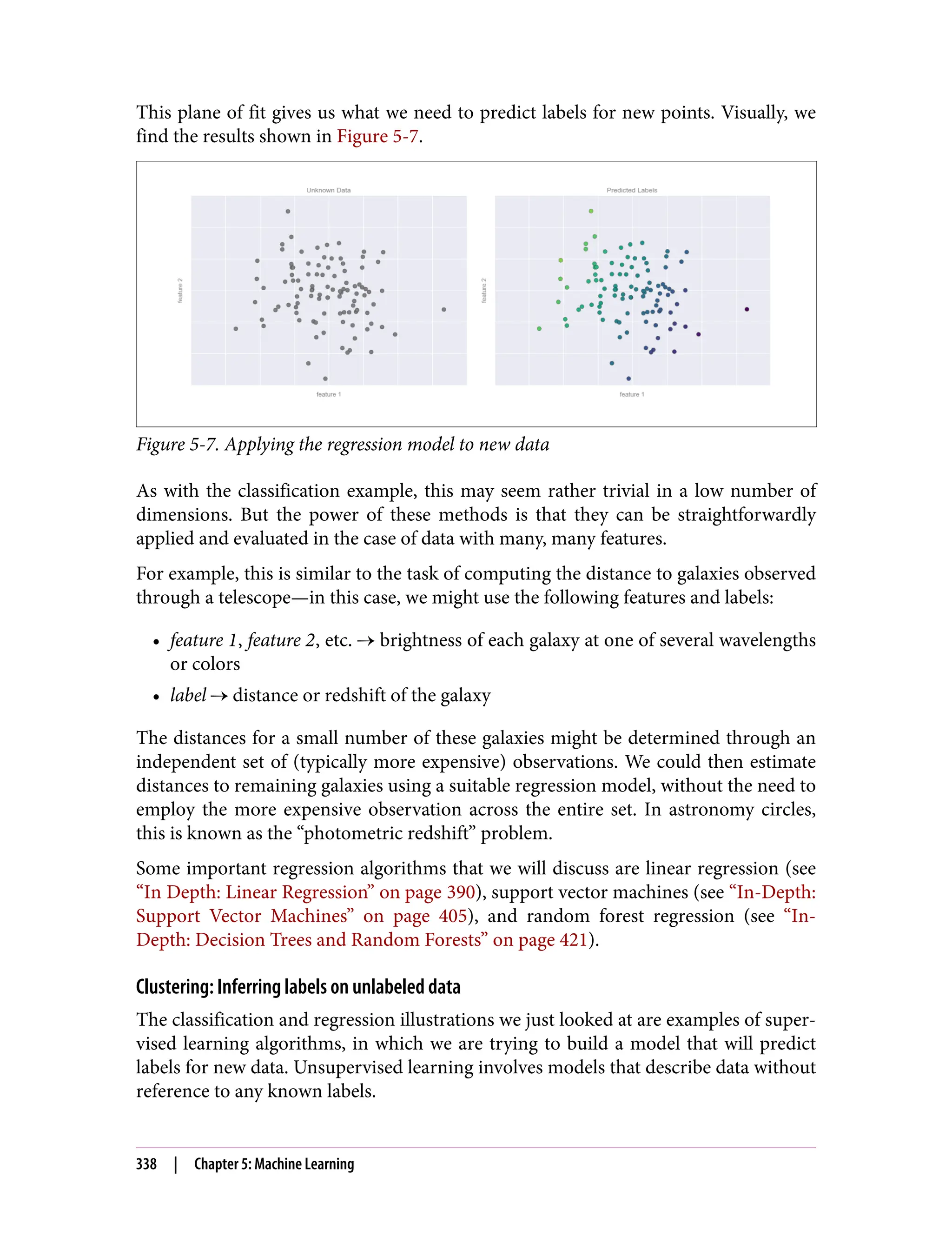 This plane of fit gives us what we need to predict labels for new points. Visually, we
find the results shown in Figure 5-7.
Figure 5-7. Applying the regression model to new data
As with the classification example, this may seem rather trivial in a low number of
dimensions. But the power of these methods is that they can be straightforwardly
applied and evaluated in the case of data with many, many features.
For example, this is similar to the task of computing the distance to galaxies observed
through a telescope—in this case, we might use the following features and labels:
• feature 1, feature 2, etc. brightness of each galaxy at one of several wavelengths
or colors
• label distance or redshift of the galaxy
The distances for a small number of these galaxies might be determined through an
independent set of (typically more expensive) observations. We could then estimate
distances to remaining galaxies using a suitable regression model, without the need to
employ the more expensive observation across the entire set. In astronomy circles,
this is known as the “photometric redshift” problem.
Some important regression algorithms that we will discuss are linear regression (see
“In Depth: Linear Regression” on page 390), support vector machines (see “In-Depth:
Support Vector Machines” on page 405), and random forest regression (see “In-
Depth: Decision Trees and Random Forests” on page 421).
Clustering: Inferring labels on unlabeled data
The classification and regression illustrations we just looked at are examples of super‐
vised learning algorithms, in which we are trying to build a model that will predict
labels for new data. Unsupervised learning involves models that describe data without
reference to any known labels.
338 | Chapter 5: Machine Learning
 
