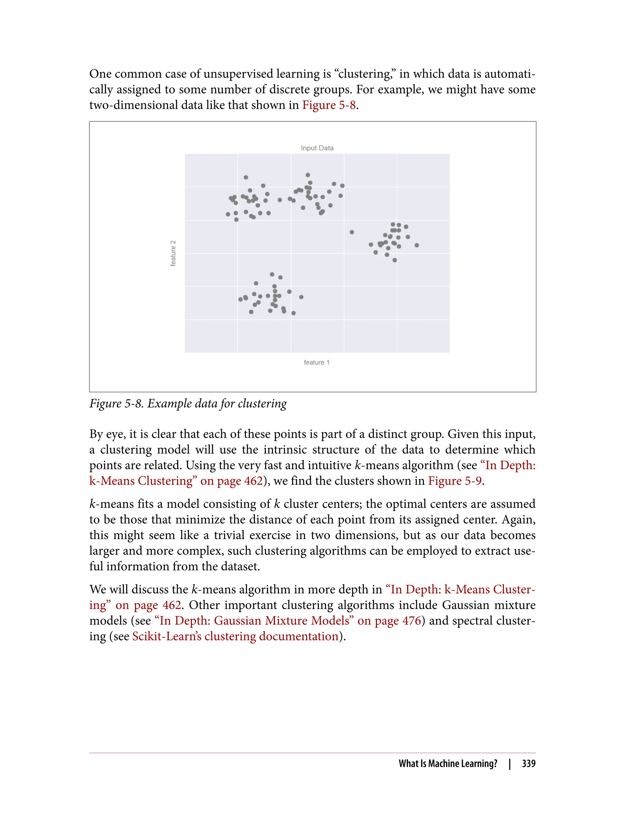 One common case of unsupervised learning is “clustering,” in which data is automati‐
cally assigned to some number of discrete groups. For example, we might have some
two-dimensional data like that shown in Figure 5-8.
Figure 5-8. Example data for clustering
By eye, it is clear that each of these points is part of a distinct group. Given this input,
a clustering model will use the intrinsic structure of the data to determine which
points are related. Using the very fast and intuitive k-means algorithm (see “In Depth:
k-Means Clustering” on page 462), we find the clusters shown in Figure 5-9.
k-means fits a model consisting of k cluster centers; the optimal centers are assumed
to be those that minimize the distance of each point from its assigned center. Again,
this might seem like a trivial exercise in two dimensions, but as our data becomes
larger and more complex, such clustering algorithms can be employed to extract use‐
ful information from the dataset.
We will discuss the k-means algorithm in more depth in “In Depth: k-Means Cluster‐
ing” on page 462. Other important clustering algorithms include Gaussian mixture
models (see “In Depth: Gaussian Mixture Models” on page 476) and spectral cluster‐
ing (see Scikit-Learn’s clustering documentation).
What Is Machine Learning? | 339
 