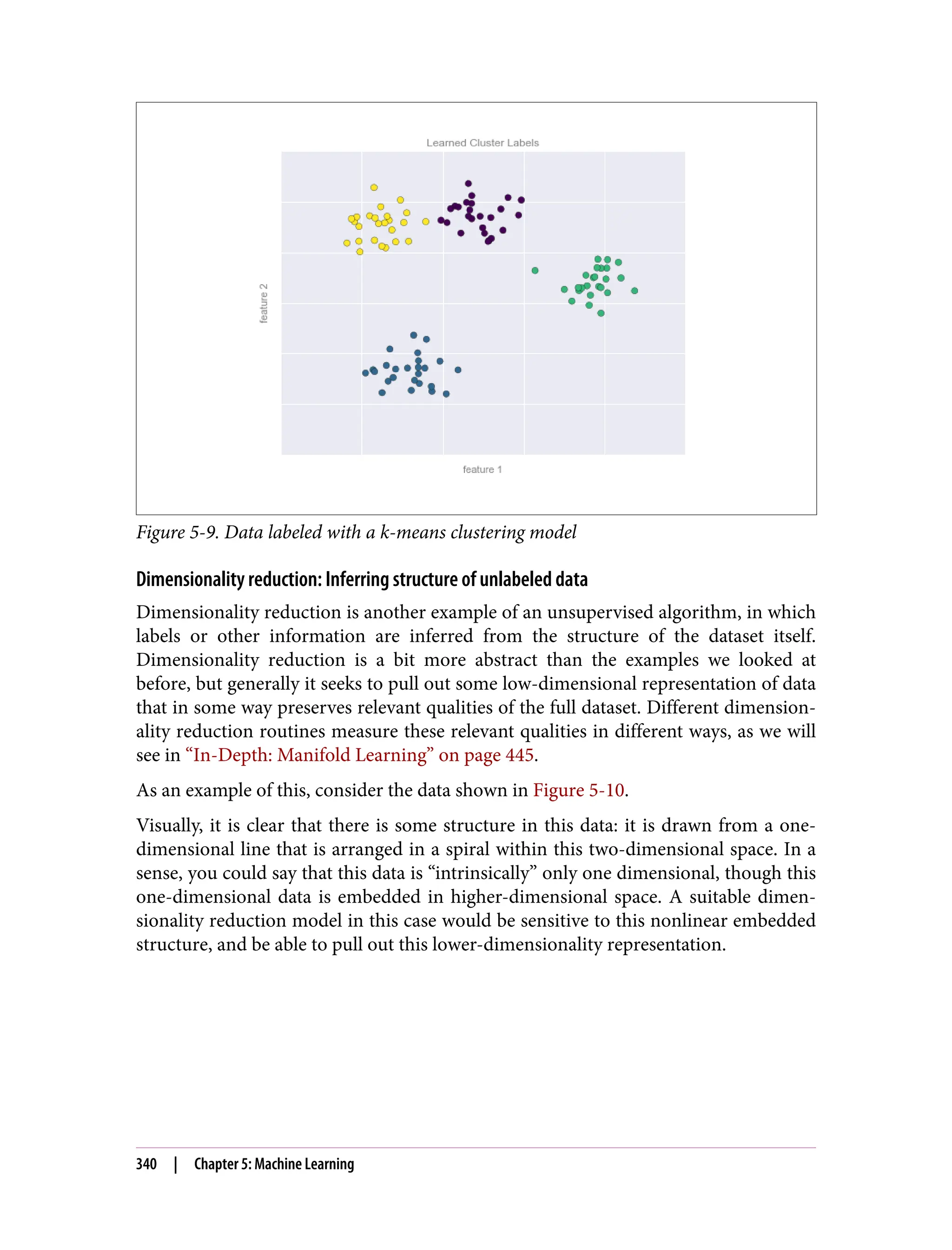 Figure 5-9. Data labeled with a k-means clustering model
Dimensionality reduction: Inferring structure of unlabeled data
Dimensionality reduction is another example of an unsupervised algorithm, in which
labels or other information are inferred from the structure of the dataset itself.
Dimensionality reduction is a bit more abstract than the examples we looked at
before, but generally it seeks to pull out some low-dimensional representation of data
that in some way preserves relevant qualities of the full dataset. Different dimension‐
ality reduction routines measure these relevant qualities in different ways, as we will
see in “In-Depth: Manifold Learning” on page 445.
As an example of this, consider the data shown in Figure 5-10.
Visually, it is clear that there is some structure in this data: it is drawn from a one-
dimensional line that is arranged in a spiral within this two-dimensional space. In a
sense, you could say that this data is “intrinsically” only one dimensional, though this
one-dimensional data is embedded in higher-dimensional space. A suitable dimen‐
sionality reduction model in this case would be sensitive to this nonlinear embedded
structure, and be able to pull out this lower-dimensionality representation.
340 | Chapter 5: Machine Learning
 