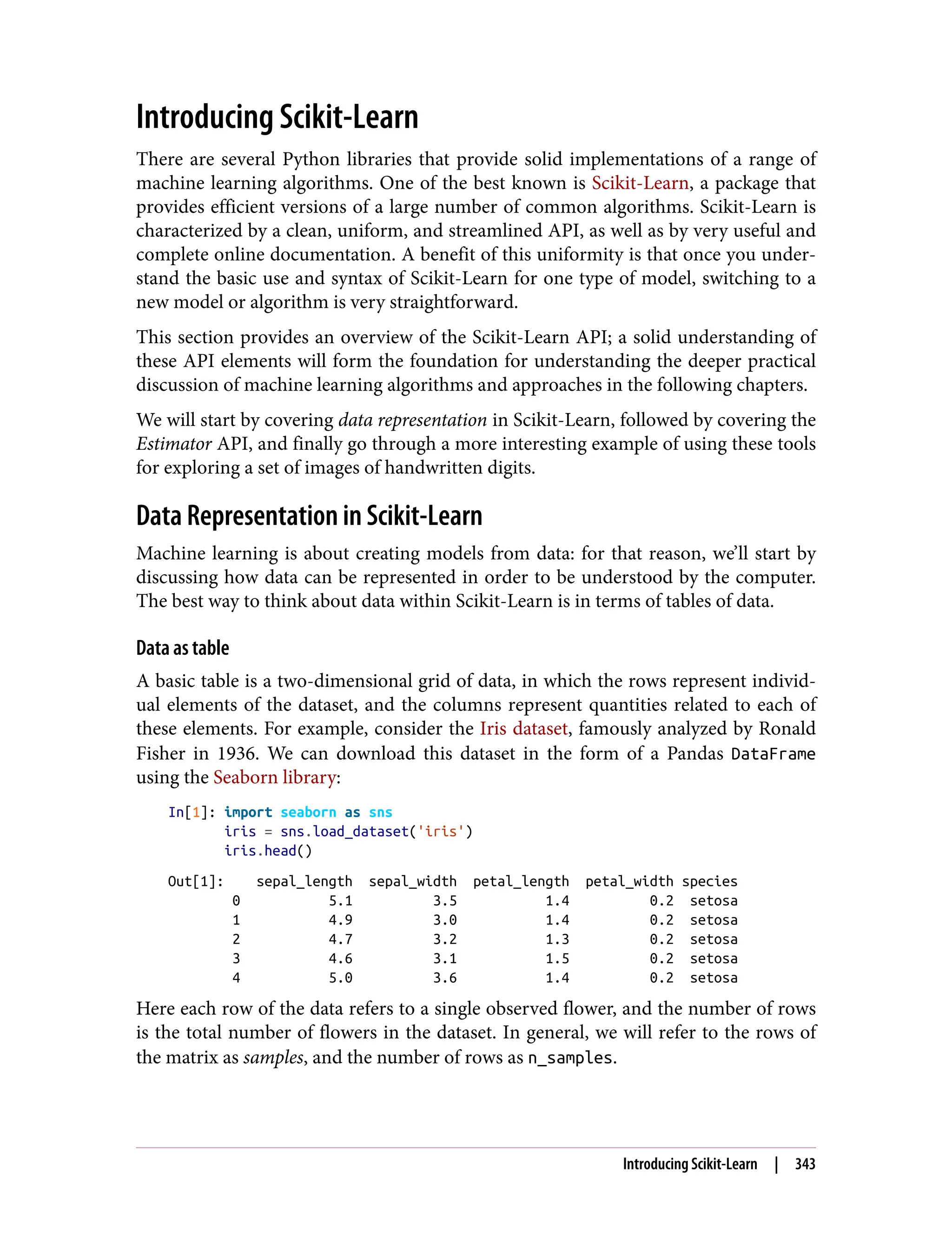 Introducing Scikit-Learn
There are several Python libraries that provide solid implementations of a range of
machine learning algorithms. One of the best known is Scikit-Learn, a package that
provides efficient versions of a large number of common algorithms. Scikit-Learn is
characterized by a clean, uniform, and streamlined API, as well as by very useful and
complete online documentation. A benefit of this uniformity is that once you under‐
stand the basic use and syntax of Scikit-Learn for one type of model, switching to a
new model or algorithm is very straightforward.
This section provides an overview of the Scikit-Learn API; a solid understanding of
these API elements will form the foundation for understanding the deeper practical
discussion of machine learning algorithms and approaches in the following chapters.
We will start by covering data representation in Scikit-Learn, followed by covering the
Estimator API, and finally go through a more interesting example of using these tools
for exploring a set of images of handwritten digits.
Data Representation in Scikit-Learn
Machine learning is about creating models from data: for that reason, we’ll start by
discussing how data can be represented in order to be understood by the computer.
The best way to think about data within Scikit-Learn is in terms of tables of data.
Data as table
A basic table is a two-dimensional grid of data, in which the rows represent individ‐
ual elements of the dataset, and the columns represent quantities related to each of
these elements. For example, consider the Iris dataset, famously analyzed by Ronald
Fisher in 1936. We can download this dataset in the form of a Pandas DataFrame
using the Seaborn library:
In[1]: import seaborn as sns
iris = sns.load_dataset('iris')
iris.head()
Out[1]: sepal_length sepal_width petal_length petal_width species
0 5.1 3.5 1.4 0.2 setosa
1 4.9 3.0 1.4 0.2 setosa
2 4.7 3.2 1.3 0.2 setosa
3 4.6 3.1 1.5 0.2 setosa
4 5.0 3.6 1.4 0.2 setosa
Here each row of the data refers to a single observed flower, and the number of rows
is the total number of flowers in the dataset. In general, we will refer to the rows of
the matrix as samples, and the number of rows as n_samples.
Introducing Scikit-Learn | 343
 