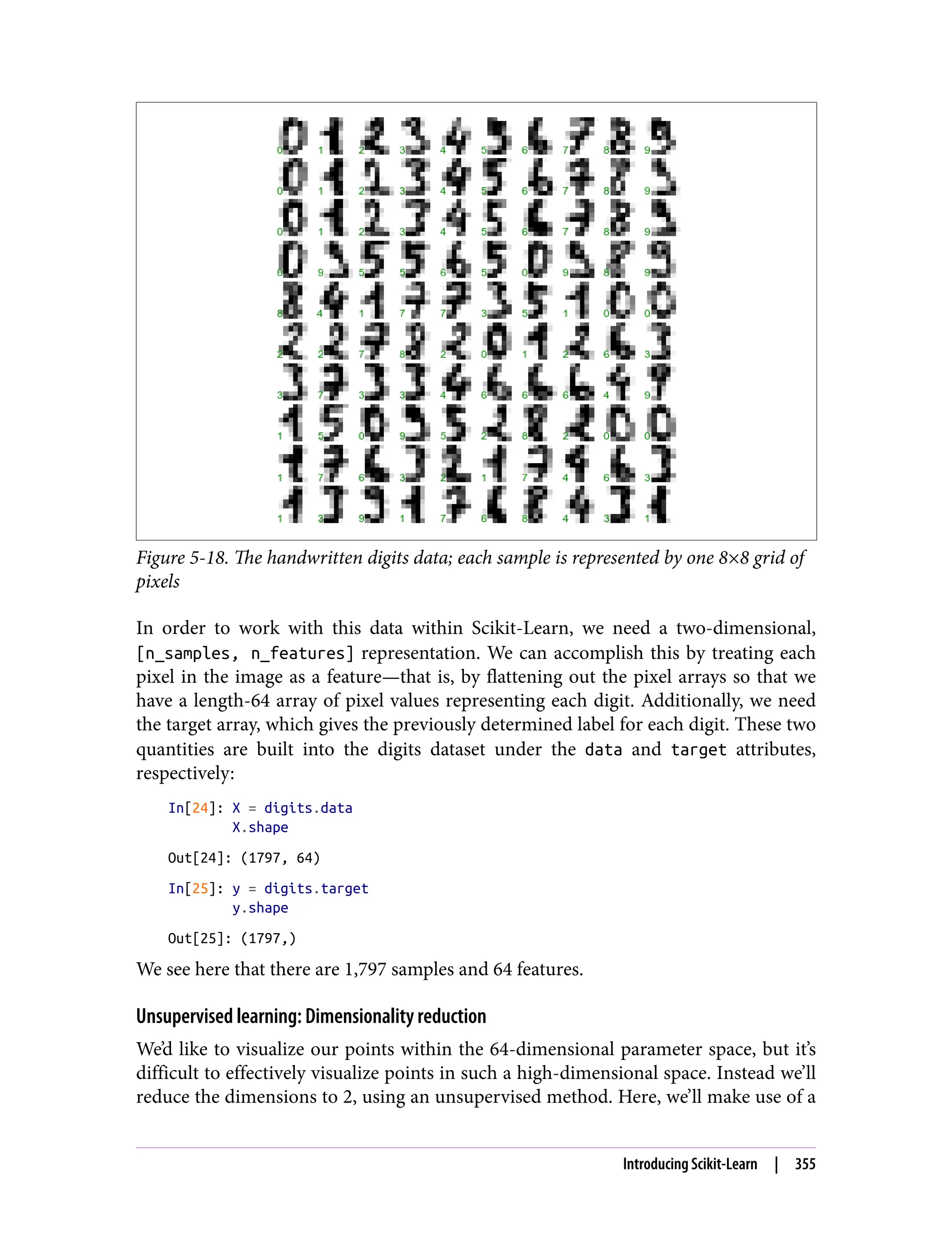 Figure 5-18. The handwritten digits data; each sample is represented by one 8×8 grid of
pixels
In order to work with this data within Scikit-Learn, we need a two-dimensional,
[n_samples, n_features] representation. We can accomplish this by treating each
pixel in the image as a feature—that is, by flattening out the pixel arrays so that we
have a length-64 array of pixel values representing each digit. Additionally, we need
the target array, which gives the previously determined label for each digit. These two
quantities are built into the digits dataset under the data and target attributes,
respectively:
In[24]: X = digits.data
X.shape
Out[24]: (1797, 64)
In[25]: y = digits.target
y.shape
Out[25]: (1797,)
We see here that there are 1,797 samples and 64 features.
Unsupervised learning: Dimensionality reduction
We’d like to visualize our points within the 64-dimensional parameter space, but it’s
difficult to effectively visualize points in such a high-dimensional space. Instead we’ll
reduce the dimensions to 2, using an unsupervised method. Here, we’ll make use of a
Introducing Scikit-Learn | 355
 