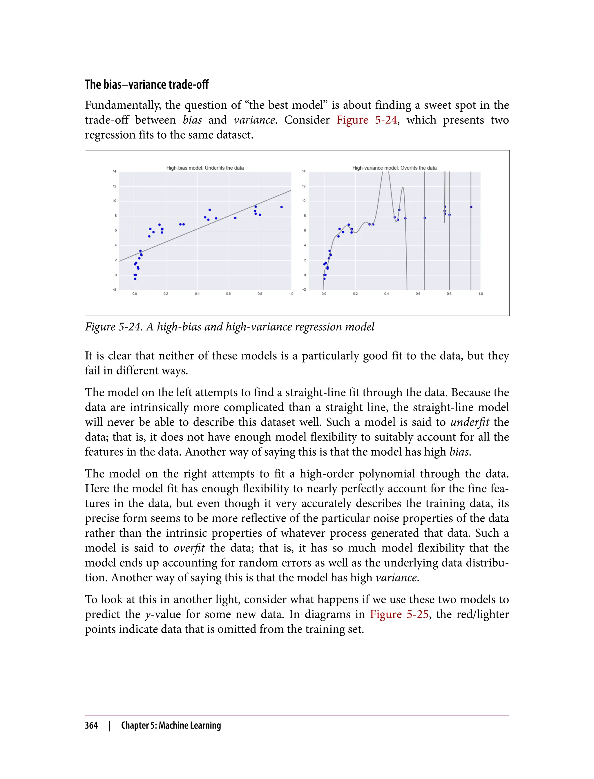The bias–variance trade-off
Fundamentally, the question of “the best model” is about finding a sweet spot in the
trade-off between bias and variance. Consider Figure 5-24, which presents two
regression fits to the same dataset.
Figure 5-24. A high-bias and high-variance regression model
It is clear that neither of these models is a particularly good fit to the data, but they
fail in different ways.
The model on the left attempts to find a straight-line fit through the data. Because the
data are intrinsically more complicated than a straight line, the straight-line model
will never be able to describe this dataset well. Such a model is said to underfit the
data; that is, it does not have enough model flexibility to suitably account for all the
features in the data. Another way of saying this is that the model has high bias.
The model on the right attempts to fit a high-order polynomial through the data.
Here the model fit has enough flexibility to nearly perfectly account for the fine fea‐
tures in the data, but even though it very accurately describes the training data, its
precise form seems to be more reflective of the particular noise properties of the data
rather than the intrinsic properties of whatever process generated that data. Such a
model is said to overfit the data; that is, it has so much model flexibility that the
model ends up accounting for random errors as well as the underlying data distribu‐
tion. Another way of saying this is that the model has high variance.
To look at this in another light, consider what happens if we use these two models to
predict the y-value for some new data. In diagrams in Figure 5-25, the red/lighter
points indicate data that is omitted from the training set.
364 | Chapter 5: Machine Learning
 