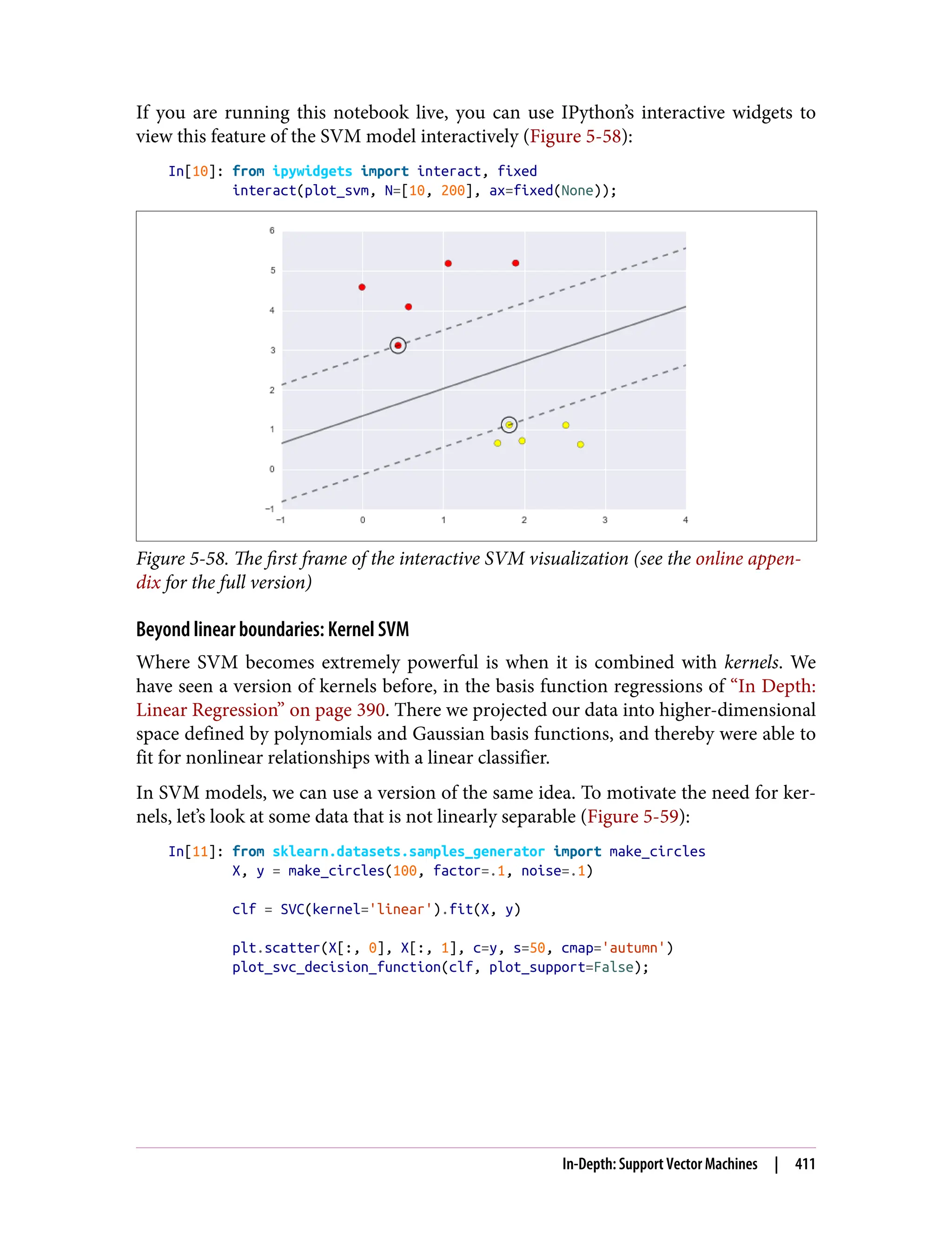If you are running this notebook live, you can use IPython’s interactive widgets to
view this feature of the SVM model interactively (Figure 5-58):
In[10]: from ipywidgets import interact, fixed
interact(plot_svm, N=[10, 200], ax=fixed(None));
Figure 5-58. The first frame of the interactive SVM visualization (see the online appen‐
dix for the full version)
Beyond linear boundaries: Kernel SVM
Where SVM becomes extremely powerful is when it is combined with kernels. We
have seen a version of kernels before, in the basis function regressions of “In Depth:
Linear Regression” on page 390. There we projected our data into higher-dimensional
space defined by polynomials and Gaussian basis functions, and thereby were able to
fit for nonlinear relationships with a linear classifier.
In SVM models, we can use a version of the same idea. To motivate the need for ker‐
nels, let’s look at some data that is not linearly separable (Figure 5-59):
In[11]: from sklearn.datasets.samples_generator import make_circles
X, y = make_circles(100, factor=.1, noise=.1)
clf = SVC(kernel='linear').fit(X, y)
plt.scatter(X[:, 0], X[:, 1], c=y, s=50, cmap='autumn')
plot_svc_decision_function(clf, plot_support=False);
In-Depth: Support Vector Machines | 411
 