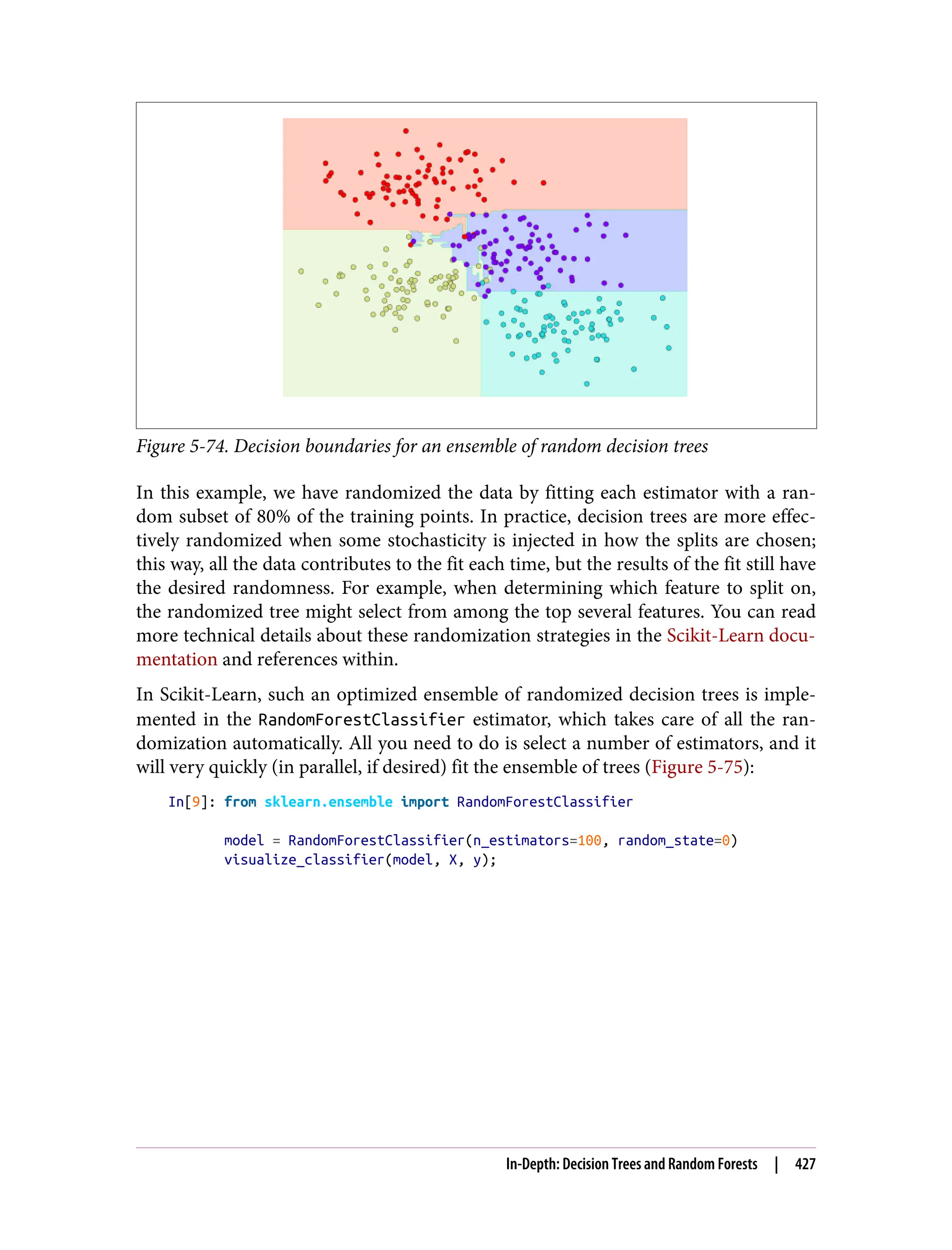 Figure 5-74. Decision boundaries for an ensemble of random decision trees
In this example, we have randomized the data by fitting each estimator with a ran‐
dom subset of 80% of the training points. In practice, decision trees are more effec‐
tively randomized when some stochasticity is injected in how the splits are chosen;
this way, all the data contributes to the fit each time, but the results of the fit still have
the desired randomness. For example, when determining which feature to split on,
the randomized tree might select from among the top several features. You can read
more technical details about these randomization strategies in the Scikit-Learn docu‐
mentation and references within.
In Scikit-Learn, such an optimized ensemble of randomized decision trees is imple‐
mented in the RandomForestClassifier estimator, which takes care of all the ran‐
domization automatically. All you need to do is select a number of estimators, and it
will very quickly (in parallel, if desired) fit the ensemble of trees (Figure 5-75):
In[9]: from sklearn.ensemble import RandomForestClassifier
model = RandomForestClassifier(n_estimators=100, random_state=0)
visualize_classifier(model, X, y);
In-Depth: Decision Trees and Random Forests | 427
 