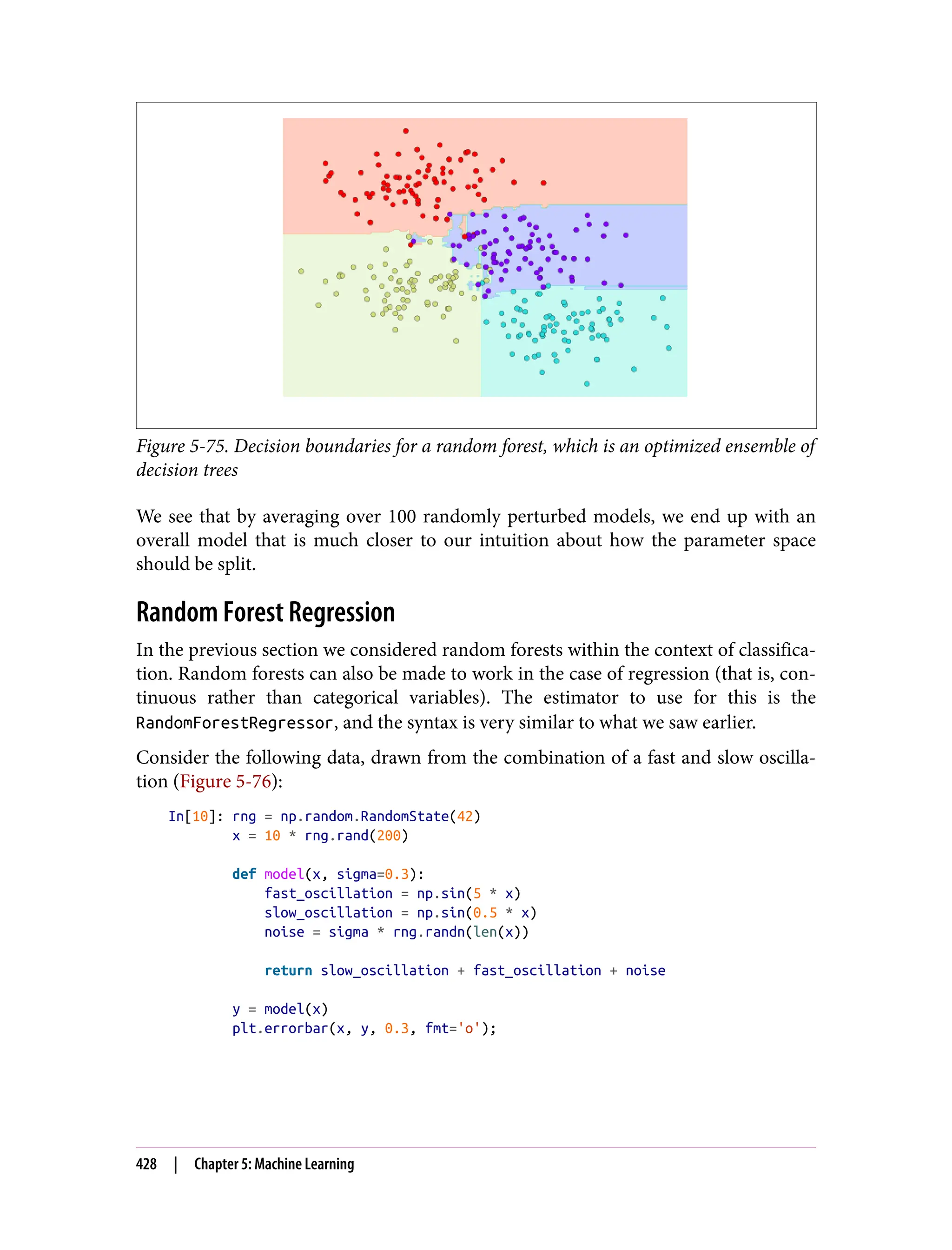 Figure 5-75. Decision boundaries for a random forest, which is an optimized ensemble of
decision trees
We see that by averaging over 100 randomly perturbed models, we end up with an
overall model that is much closer to our intuition about how the parameter space
should be split.
Random Forest Regression
In the previous section we considered random forests within the context of classifica‐
tion. Random forests can also be made to work in the case of regression (that is, con‐
tinuous rather than categorical variables). The estimator to use for this is the
RandomForestRegressor, and the syntax is very similar to what we saw earlier.
Consider the following data, drawn from the combination of a fast and slow oscilla‐
tion (Figure 5-76):
In[10]: rng = np.random.RandomState(42)
x = 10 * rng.rand(200)
def model(x, sigma=0.3):
fast_oscillation = np.sin(5 * x)
slow_oscillation = np.sin(0.5 * x)
noise = sigma * rng.randn(len(x))
return slow_oscillation + fast_oscillation + noise
y = model(x)
plt.errorbar(x, y, 0.3, fmt='o');
428 | Chapter 5: Machine Learning
 