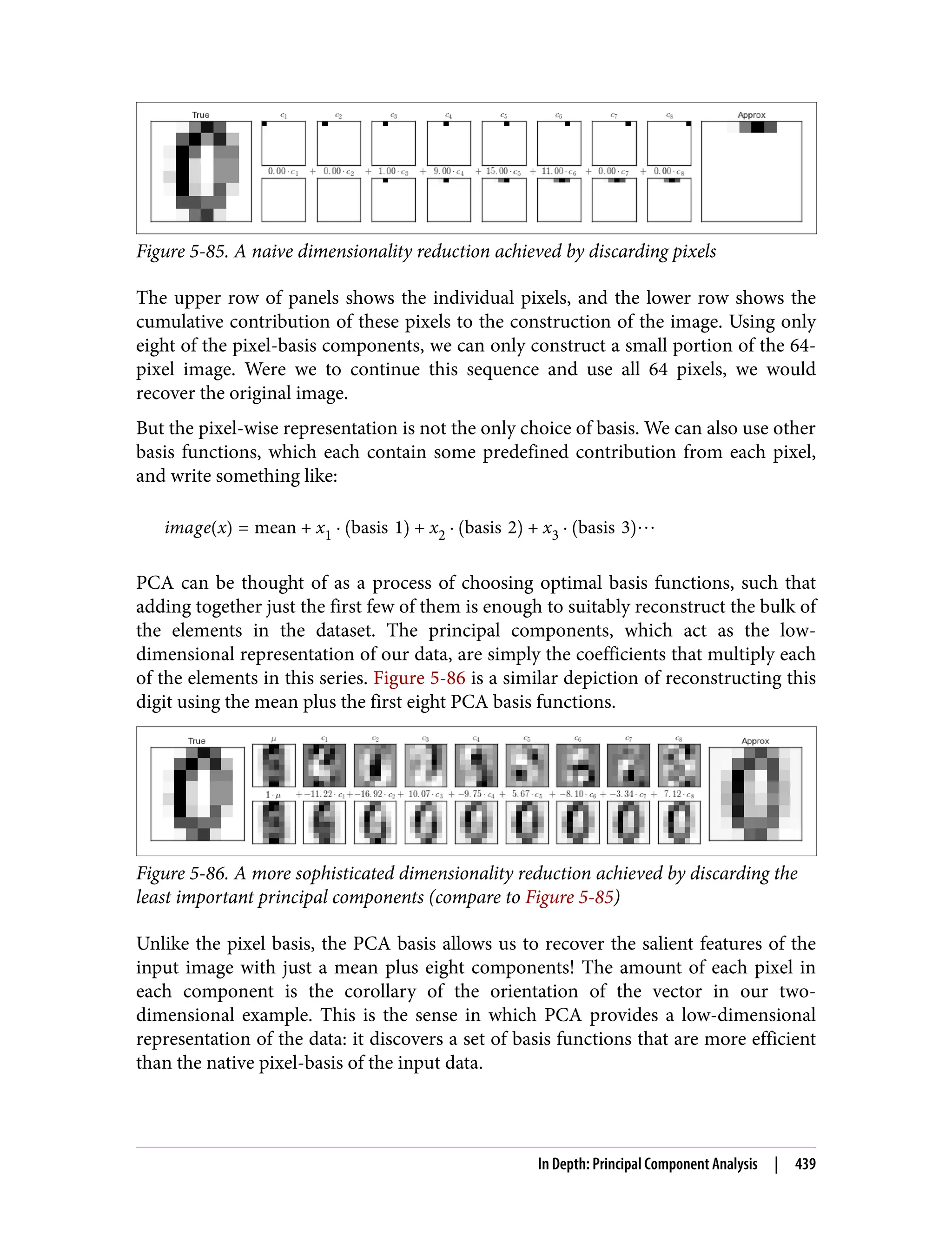 Figure 5-85. A naive dimensionality reduction achieved by discarding pixels
The upper row of panels shows the individual pixels, and the lower row shows the
cumulative contribution of these pixels to the construction of the image. Using only
eight of the pixel-basis components, we can only construct a small portion of the 64-
pixel image. Were we to continue this sequence and use all 64 pixels, we would
recover the original image.
But the pixel-wise representation is not the only choice of basis. We can also use other
basis functions, which each contain some predefined contribution from each pixel,
and write something like:
image x = mean + x1 · basis 1 + x2 · basis 2 + x3 · basis 3 ⋯
PCA can be thought of as a process of choosing optimal basis functions, such that
adding together just the first few of them is enough to suitably reconstruct the bulk of
the elements in the dataset. The principal components, which act as the low-
dimensional representation of our data, are simply the coefficients that multiply each
of the elements in this series. Figure 5-86 is a similar depiction of reconstructing this
digit using the mean plus the first eight PCA basis functions.
Figure 5-86. A more sophisticated dimensionality reduction achieved by discarding the
least important principal components (compare to Figure 5-85)
Unlike the pixel basis, the PCA basis allows us to recover the salient features of the
input image with just a mean plus eight components! The amount of each pixel in
each component is the corollary of the orientation of the vector in our two-
dimensional example. This is the sense in which PCA provides a low-dimensional
representation of the data: it discovers a set of basis functions that are more efficient
than the native pixel-basis of the input data.
In Depth: Principal Component Analysis | 439
 