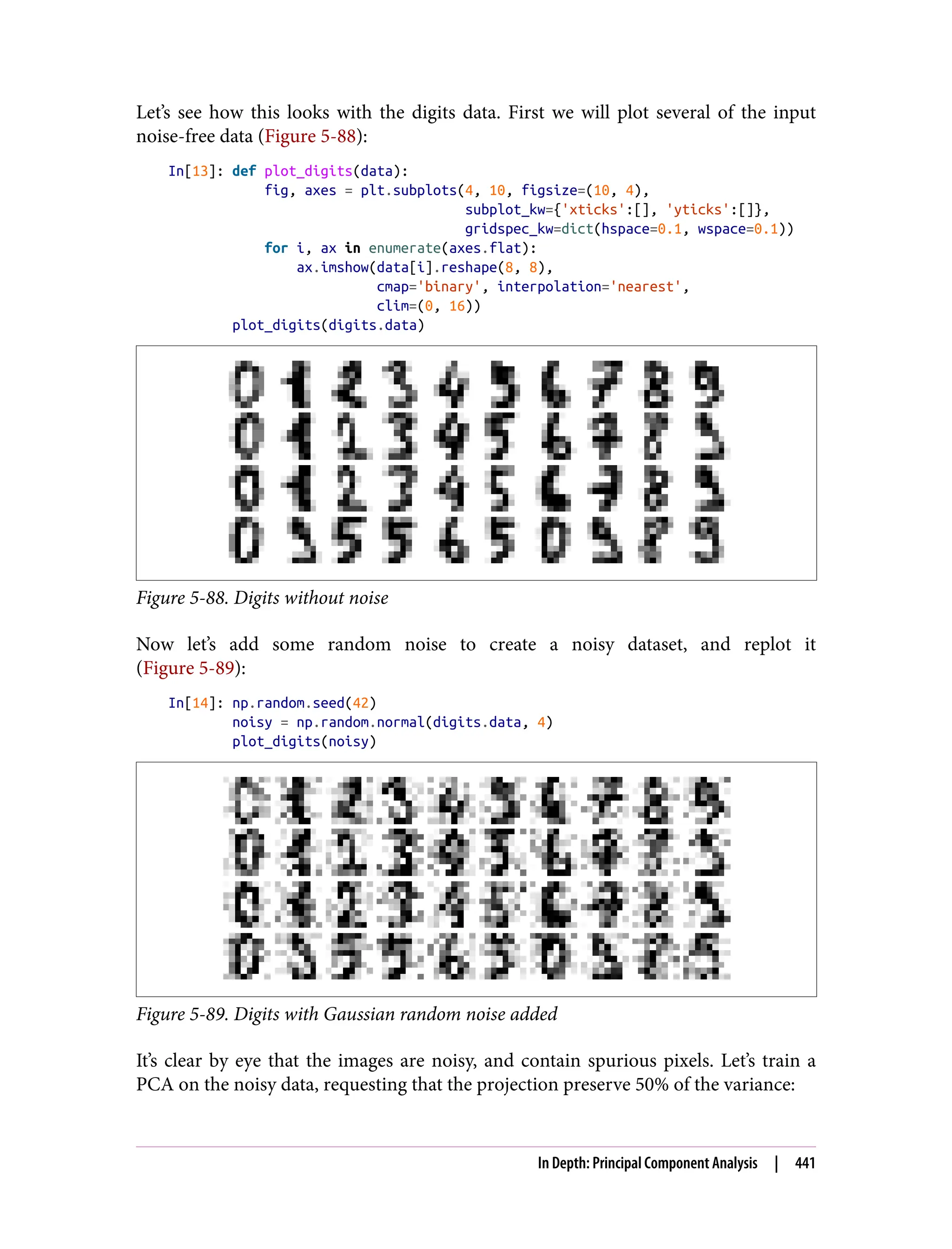 Let’s see how this looks with the digits data. First we will plot several of the input
noise-free data (Figure 5-88):
In[13]: def plot_digits(data):
fig, axes = plt.subplots(4, 10, figsize=(10, 4),
subplot_kw={'xticks':[], 'yticks':[]},
gridspec_kw=dict(hspace=0.1, wspace=0.1))
for i, ax in enumerate(axes.flat):
ax.imshow(data[i].reshape(8, 8),
cmap='binary', interpolation='nearest',
clim=(0, 16))
plot_digits(digits.data)
Figure 5-88. Digits without noise
Now let’s add some random noise to create a noisy dataset, and replot it
(Figure 5-89):
In[14]: np.random.seed(42)
noisy = np.random.normal(digits.data, 4)
plot_digits(noisy)
Figure 5-89. Digits with Gaussian random noise added
It’s clear by eye that the images are noisy, and contain spurious pixels. Let’s train a
PCA on the noisy data, requesting that the projection preserve 50% of the variance:
In Depth: Principal Component Analysis | 441
 