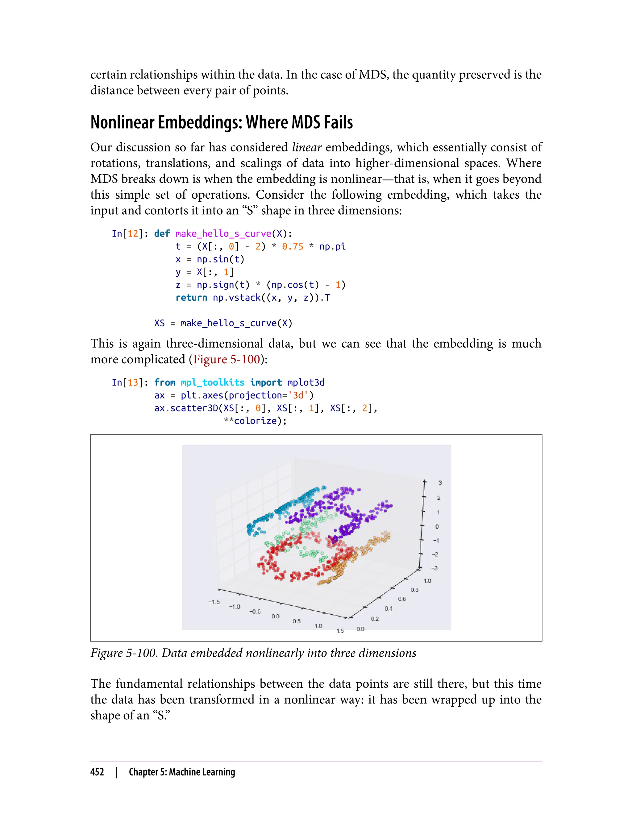 certain relationships within the data. In the case of MDS, the quantity preserved is the
distance between every pair of points.
Nonlinear Embeddings: Where MDS Fails
Our discussion so far has considered linear embeddings, which essentially consist of
rotations, translations, and scalings of data into higher-dimensional spaces. Where
MDS breaks down is when the embedding is nonlinear—that is, when it goes beyond
this simple set of operations. Consider the following embedding, which takes the
input and contorts it into an “S” shape in three dimensions:
In[12]: def make_hello_s_curve(X):
t = (X[:, 0] - 2) * 0.75 * np.pi
x = np.sin(t)
y = X[:, 1]
z = np.sign(t) * (np.cos(t) - 1)
return np.vstack((x, y, z)).T
XS = make_hello_s_curve(X)
This is again three-dimensional data, but we can see that the embedding is much
more complicated (Figure 5-100):
In[13]: from mpl_toolkits import mplot3d
ax = plt.axes(projection='3d')
ax.scatter3D(XS[:, 0], XS[:, 1], XS[:, 2],
**colorize);
Figure 5-100. Data embedded nonlinearly into three dimensions
The fundamental relationships between the data points are still there, but this time
the data has been transformed in a nonlinear way: it has been wrapped up into the
shape of an “S.”
452 | Chapter 5: Machine Learning
 