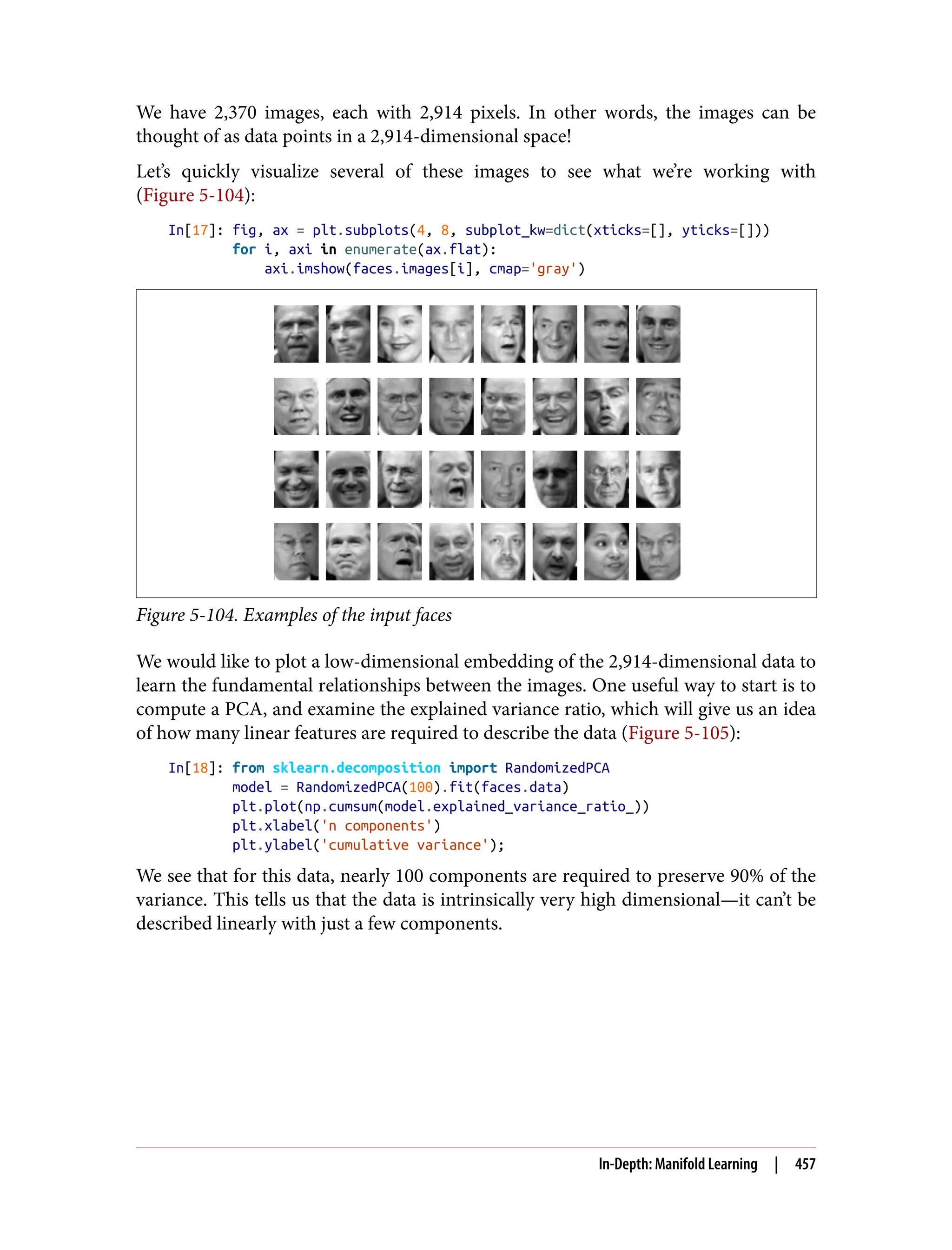 We have 2,370 images, each with 2,914 pixels. In other words, the images can be
thought of as data points in a 2,914-dimensional space!
Let’s quickly visualize several of these images to see what we’re working with
(Figure 5-104):
In[17]: fig, ax = plt.subplots(4, 8, subplot_kw=dict(xticks=[], yticks=[]))
for i, axi in enumerate(ax.flat):
axi.imshow(faces.images[i], cmap='gray')
Figure 5-104. Examples of the input faces
We would like to plot a low-dimensional embedding of the 2,914-dimensional data to
learn the fundamental relationships between the images. One useful way to start is to
compute a PCA, and examine the explained variance ratio, which will give us an idea
of how many linear features are required to describe the data (Figure 5-105):
In[18]: from sklearn.decomposition import RandomizedPCA
model = RandomizedPCA(100).fit(faces.data)
plt.plot(np.cumsum(model.explained_variance_ratio_))
plt.xlabel('n components')
plt.ylabel('cumulative variance');
We see that for this data, nearly 100 components are required to preserve 90% of the
variance. This tells us that the data is intrinsically very high dimensional—it can’t be
described linearly with just a few components.
In-Depth: Manifold Learning | 457
 