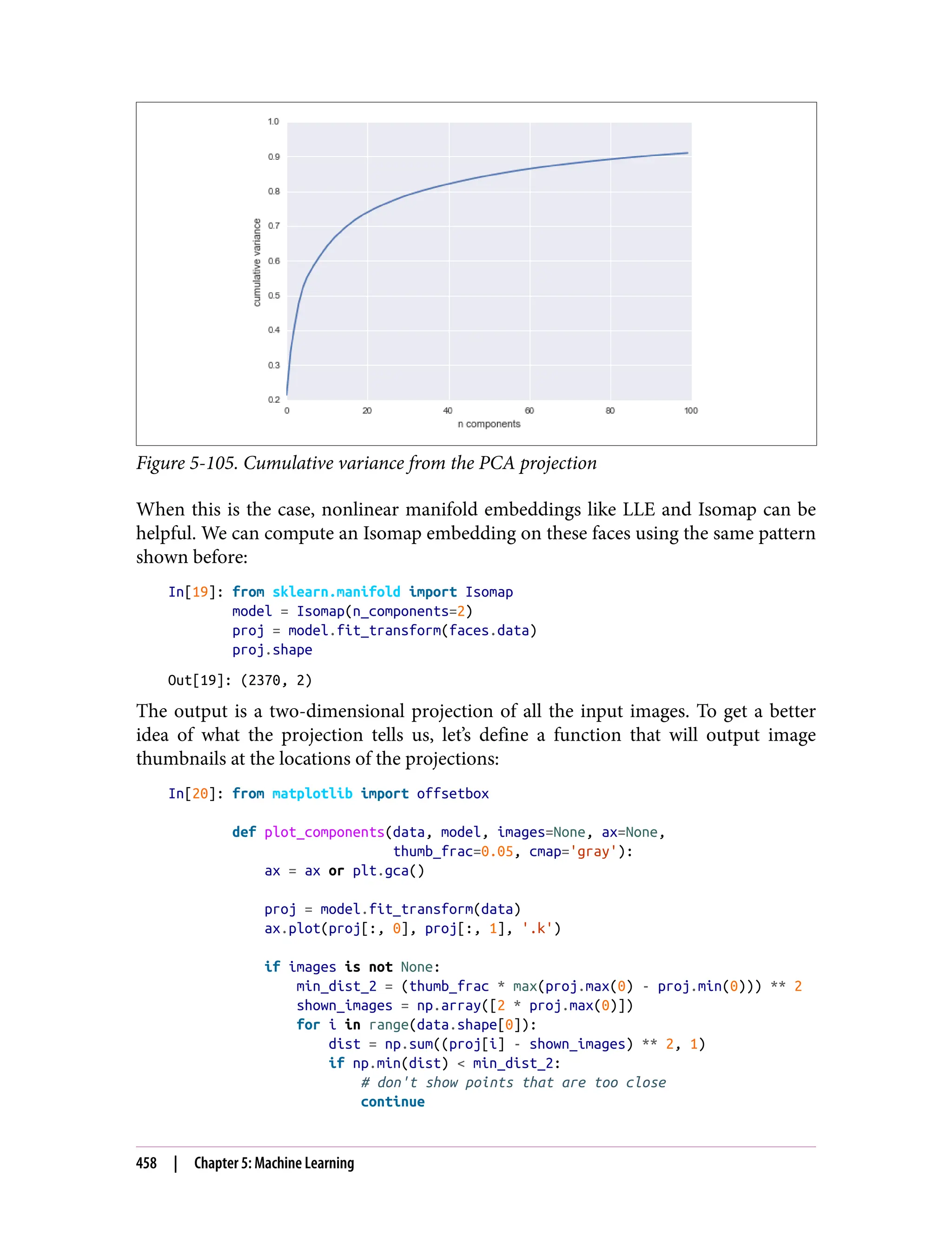 Figure 5-105. Cumulative variance from the PCA projection
When this is the case, nonlinear manifold embeddings like LLE and Isomap can be
helpful. We can compute an Isomap embedding on these faces using the same pattern
shown before:
In[19]: from sklearn.manifold import Isomap
model = Isomap(n_components=2)
proj = model.fit_transform(faces.data)
proj.shape
Out[19]: (2370, 2)
The output is a two-dimensional projection of all the input images. To get a better
idea of what the projection tells us, let’s define a function that will output image
thumbnails at the locations of the projections:
In[20]: from matplotlib import offsetbox
def plot_components(data, model, images=None, ax=None,
thumb_frac=0.05, cmap='gray'):
ax = ax or plt.gca()
proj = model.fit_transform(data)
ax.plot(proj[:, 0], proj[:, 1], '.k')
if images is not None:
min_dist_2 = (thumb_frac * max(proj.max(0) - proj.min(0))) ** 2
shown_images = np.array([2 * proj.max(0)])
for i in range(data.shape[0]):
dist = np.sum((proj[i] - shown_images) ** 2, 1)
if np.min(dist) < min_dist_2:
# don't show points that are too close
continue
458 | Chapter 5: Machine Learning
 