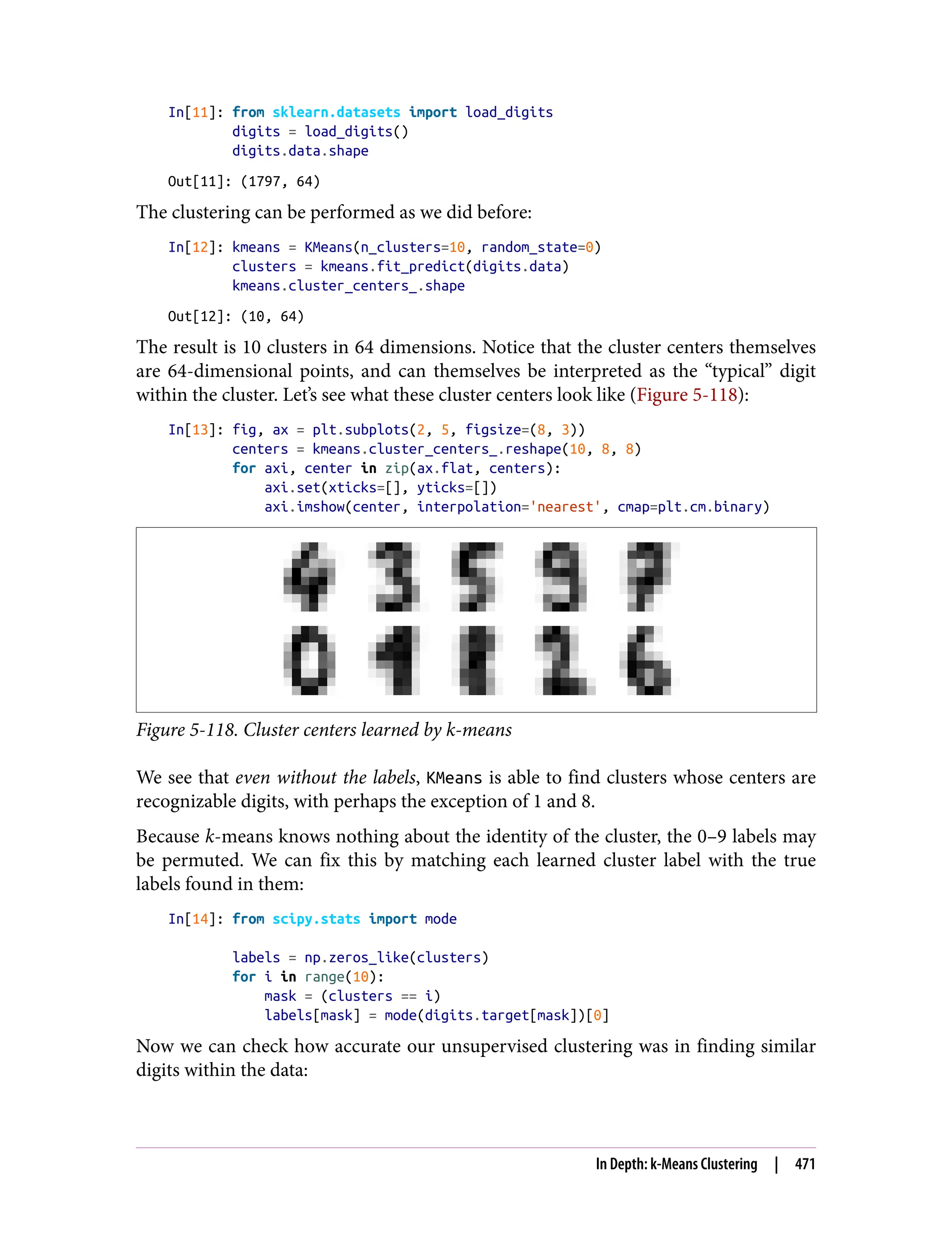 In[11]: from sklearn.datasets import load_digits
digits = load_digits()
digits.data.shape
Out[11]: (1797, 64)
The clustering can be performed as we did before:
In[12]: kmeans = KMeans(n_clusters=10, random_state=0)
clusters = kmeans.fit_predict(digits.data)
kmeans.cluster_centers_.shape
Out[12]: (10, 64)
The result is 10 clusters in 64 dimensions. Notice that the cluster centers themselves
are 64-dimensional points, and can themselves be interpreted as the “typical” digit
within the cluster. Let’s see what these cluster centers look like (Figure 5-118):
In[13]: fig, ax = plt.subplots(2, 5, figsize=(8, 3))
centers = kmeans.cluster_centers_.reshape(10, 8, 8)
for axi, center in zip(ax.flat, centers):
axi.set(xticks=[], yticks=[])
axi.imshow(center, interpolation='nearest', cmap=plt.cm.binary)
Figure 5-118. Cluster centers learned by k-means
We see that even without the labels, KMeans is able to find clusters whose centers are
recognizable digits, with perhaps the exception of 1 and 8.
Because k-means knows nothing about the identity of the cluster, the 0–9 labels may
be permuted. We can fix this by matching each learned cluster label with the true
labels found in them:
In[14]: from scipy.stats import mode
labels = np.zeros_like(clusters)
for i in range(10):
mask = (clusters == i)
labels[mask] = mode(digits.target[mask])[0]
Now we can check how accurate our unsupervised clustering was in finding similar
digits within the data:
In Depth: k-Means Clustering | 471
 